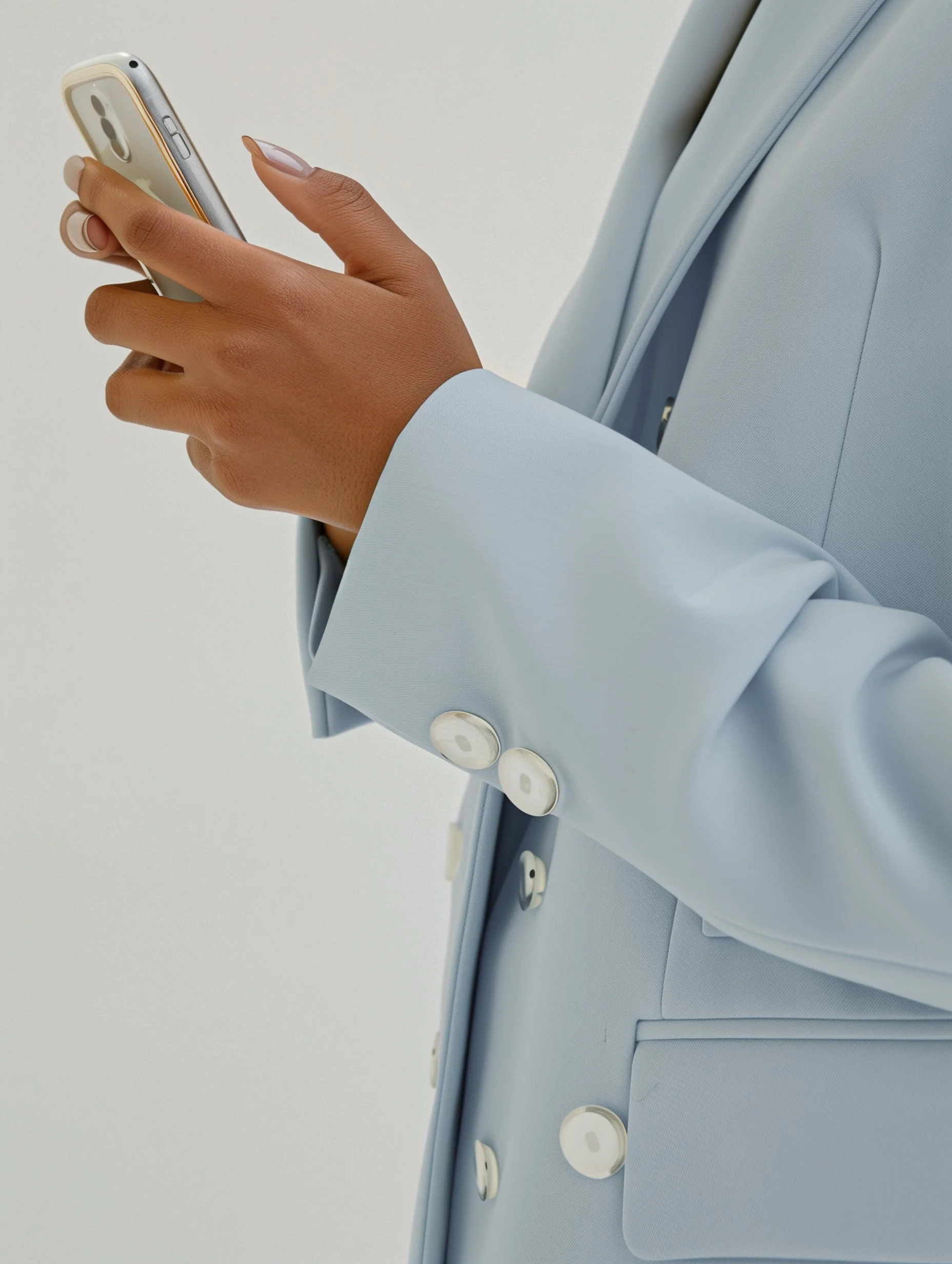 Close-up of a woman's hand holding a smartphone, dressed in a light blue blazer with white buttons, against a plain background.