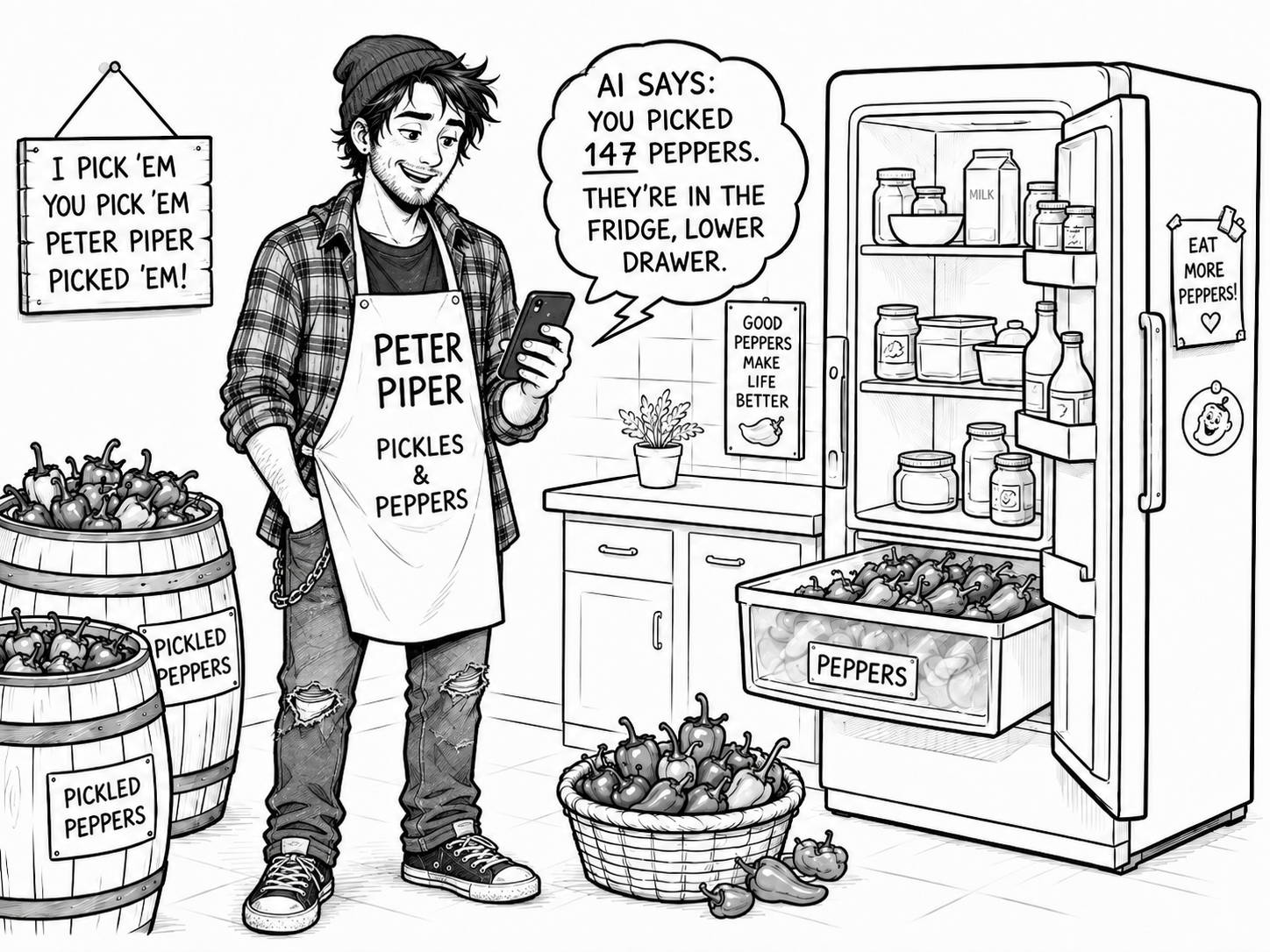 A black and white cartoon illustration of a young man in a plaid shirt and ripped jeans, wearing an apron labeled 'PETER PIPER PICKLES & PEPPERS,' standing in a kitchen. He is looking at his phone and smiling, with a speech bubble saying, 'AI SAYS: YOU PICKED 147 PEPPERS. THEY'RE IN THE FRIDGE, LOWER DRAWER.' The kitchen has a refrigerator filled with jars and bottles, a sign on the fridge saying 'EAT MORE PEPPERS!,' a small potted plant, and multiple baskets and barrels labeled 'PICKLED PEPPERS' filled with peppers. On the wall, there are signs reading 'I PICK 'EM YOU PICK 'EM PETER PIPER PICKED 'EM!' and 'GOOD PEPPERS MAKE LIFE BETTER.'