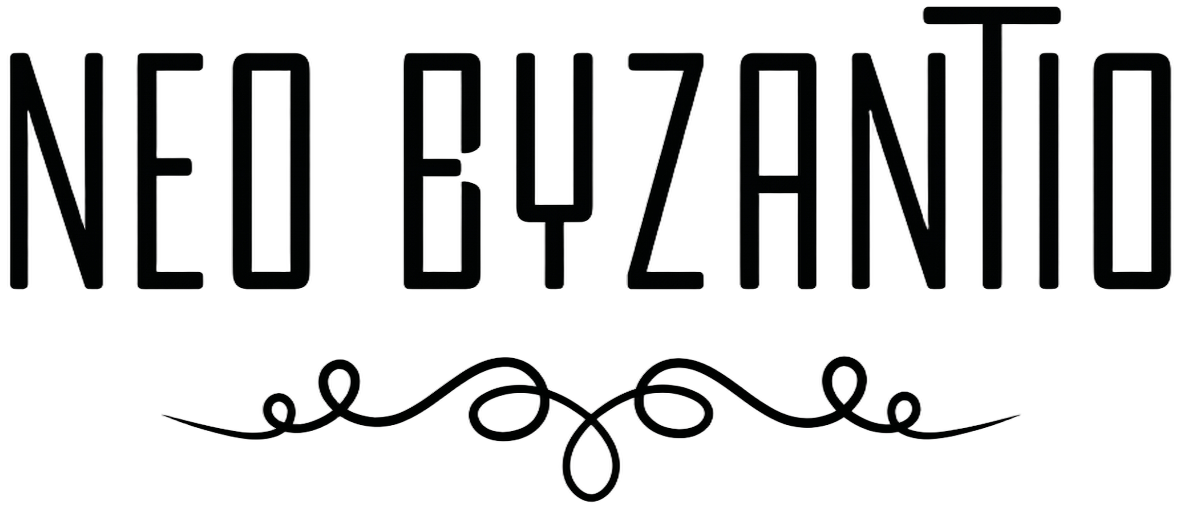 Neon sign with the words 'Neo Byzantio' in large outlined letters and decorative swirls beneath.