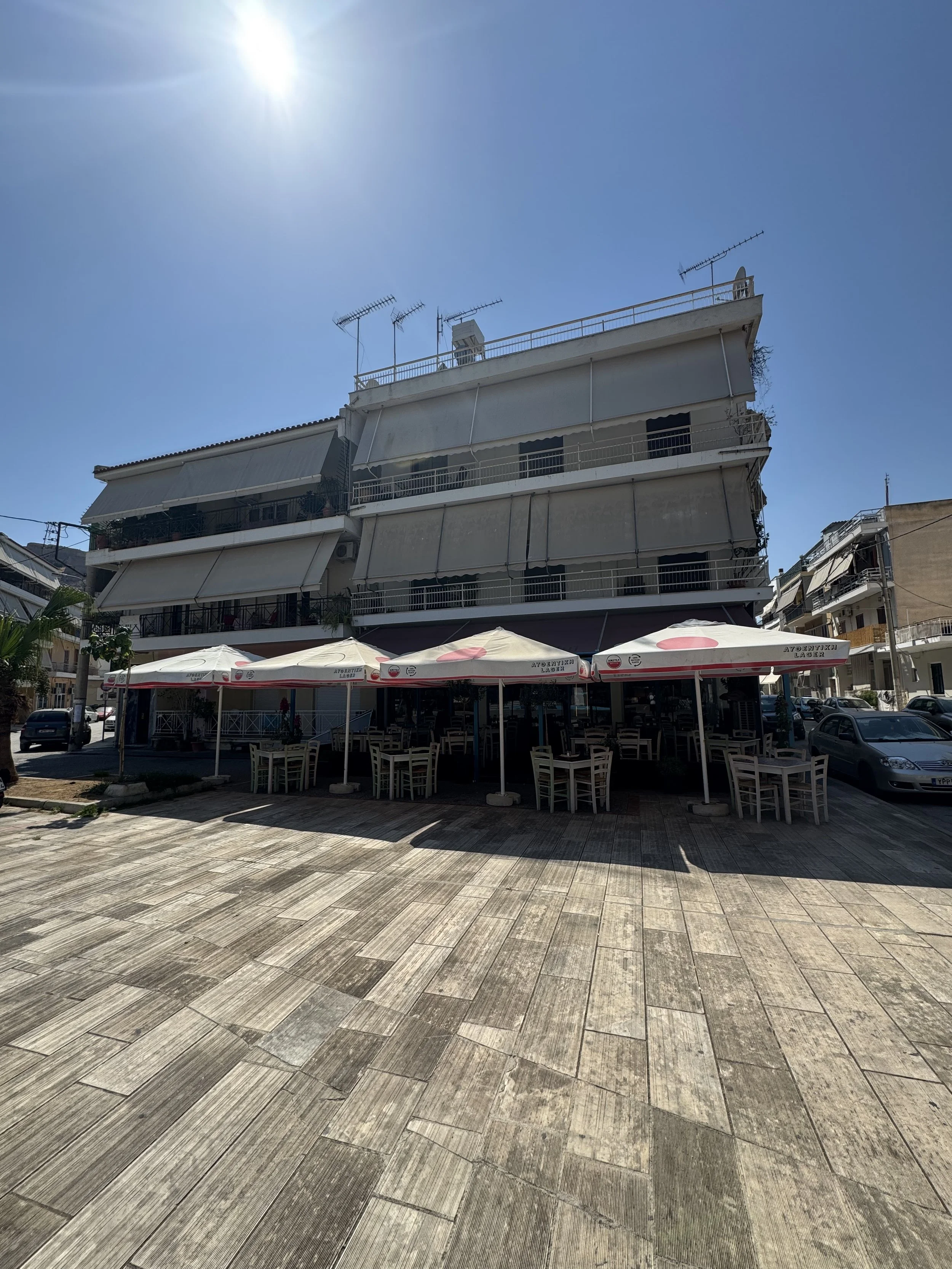 Out side view of Neo Byzantio meze restaurant in Nafplio, Greece. Located on Agios Konstantinos square.