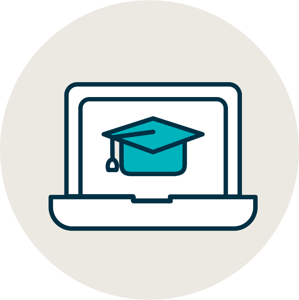 A computer screen with a graduation hat to represent Expertise in Education and Public Sectors