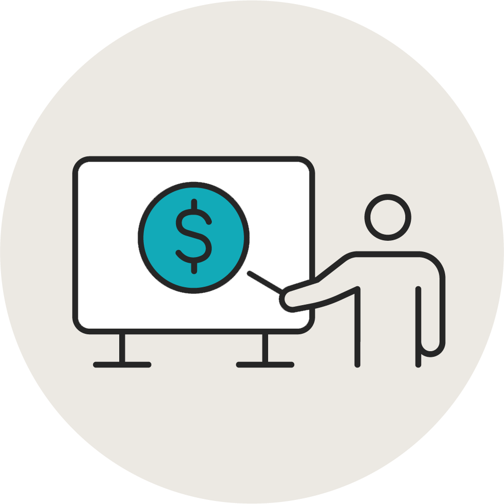 A person pointing to a graphic with a dollar sign on it.