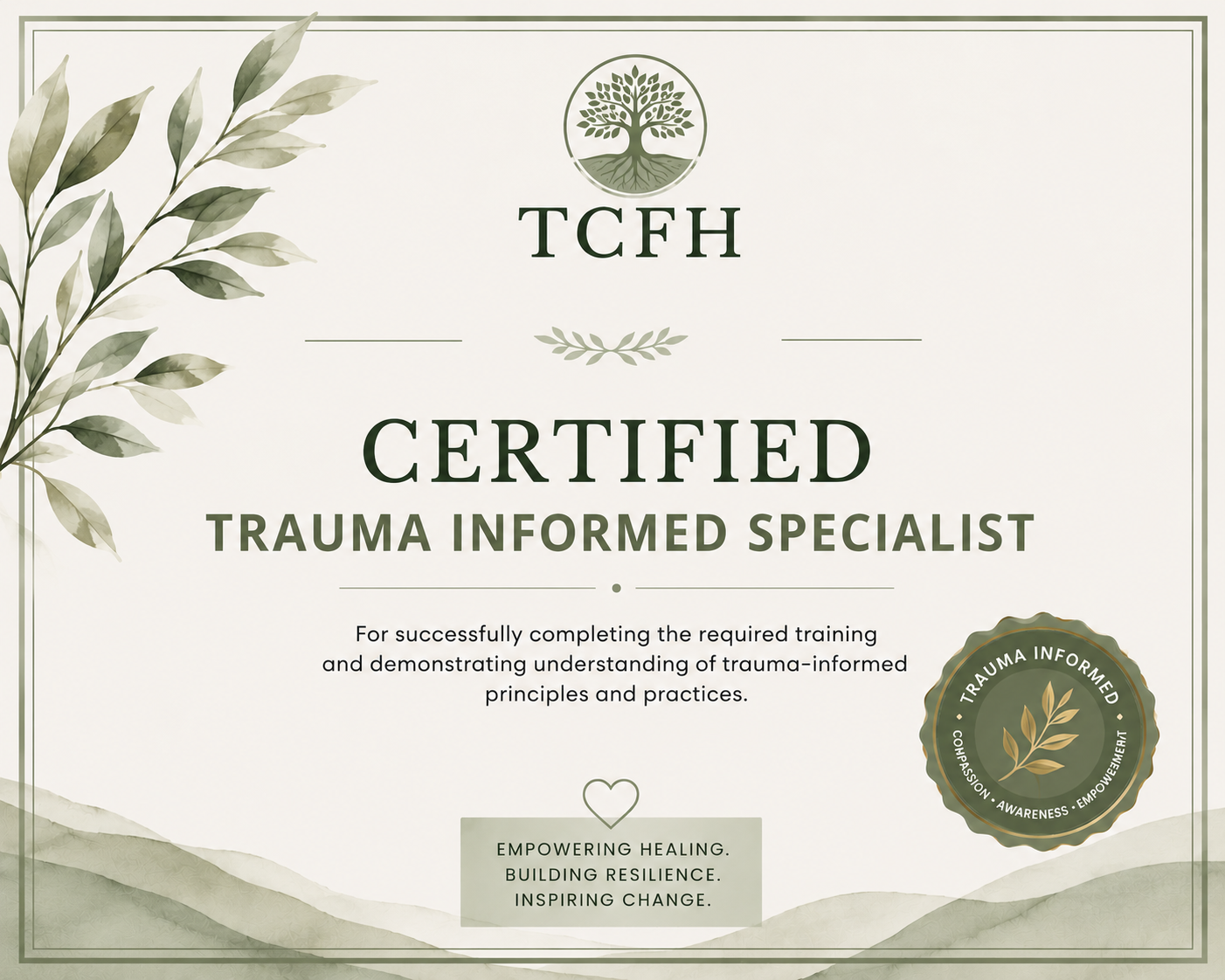 Certificate with a tree logo at the top, stating 'TCFH Certified Trauma Informed Specialist'. It includes a decorative leaf at the bottom right with 'Trauma Informed' and keywords like compassion, awareness, empowerment. The background has a soft green and beige watercolor design with leafy accents on the left.