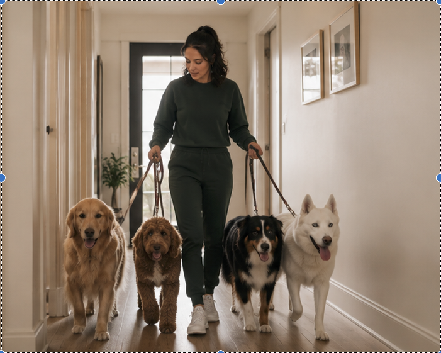 A woman walking down a hallway with four dogs on leashes, all of which appear happy and content.