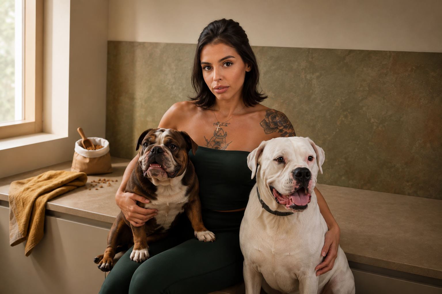 A woman with tattoos sitting on a kitchen counter holding a brown and white bulldog and a white pit bull, both looking at the camera, in a well-lit kitchen.