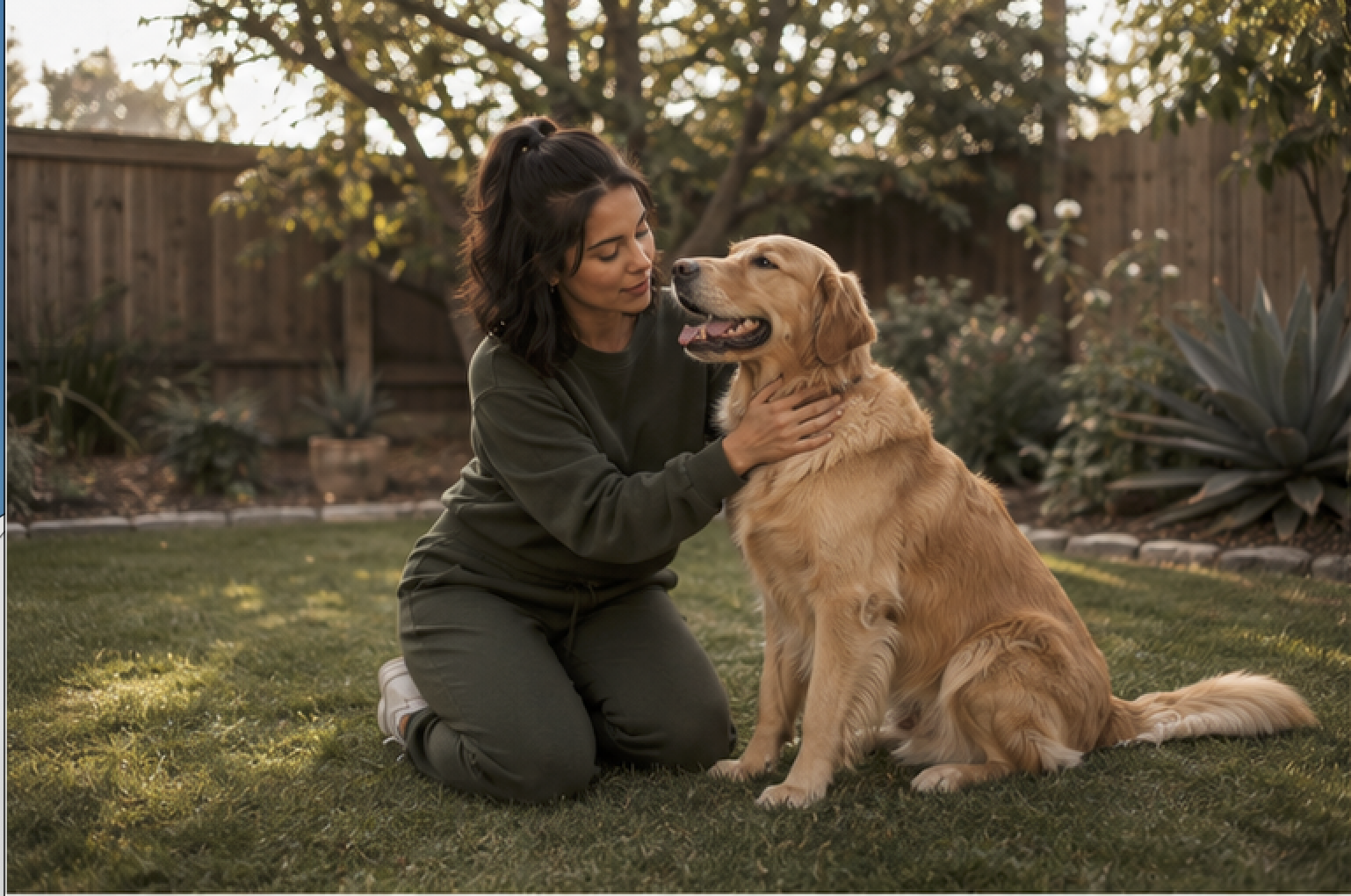 A woman kneeling on the grass, petting a golden retriever in a backyard with trees and plants.