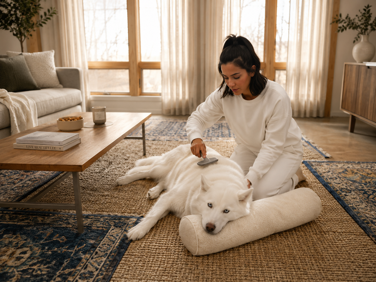 A woman grooming a white husky dog with a brush while the dog rests on a rolled-up mat in a cozy living room with wooden and neutral decor.