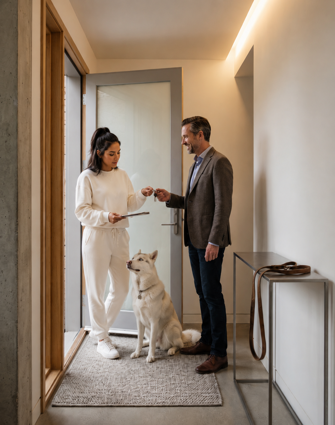A man is handing over house keys to a woman inside an entryway, with a Siberian Husky dog sitting by her side. The woman is holding a clipboard and the man is smiling.