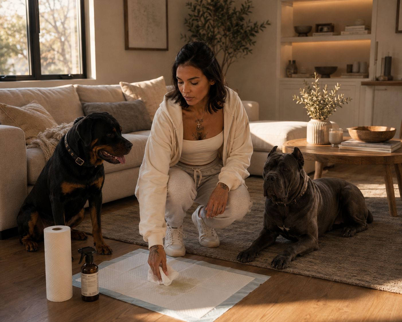 A woman cleaning up a dog accident on the floor in a cozy living room with two large dogs, a sofa, and natural light from a window.