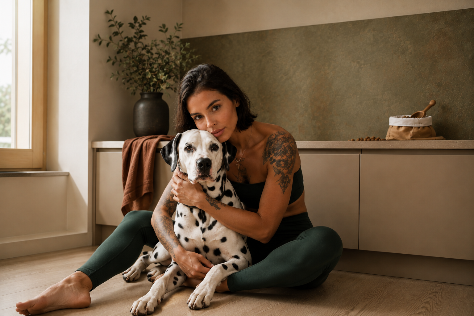 A woman with tattoos sitting on the floor, hugging a Dalmatian dog, inside a room with a wooden floor, large window, and a sideboard with a potted plant, a bowl of dog food, and a scoop.