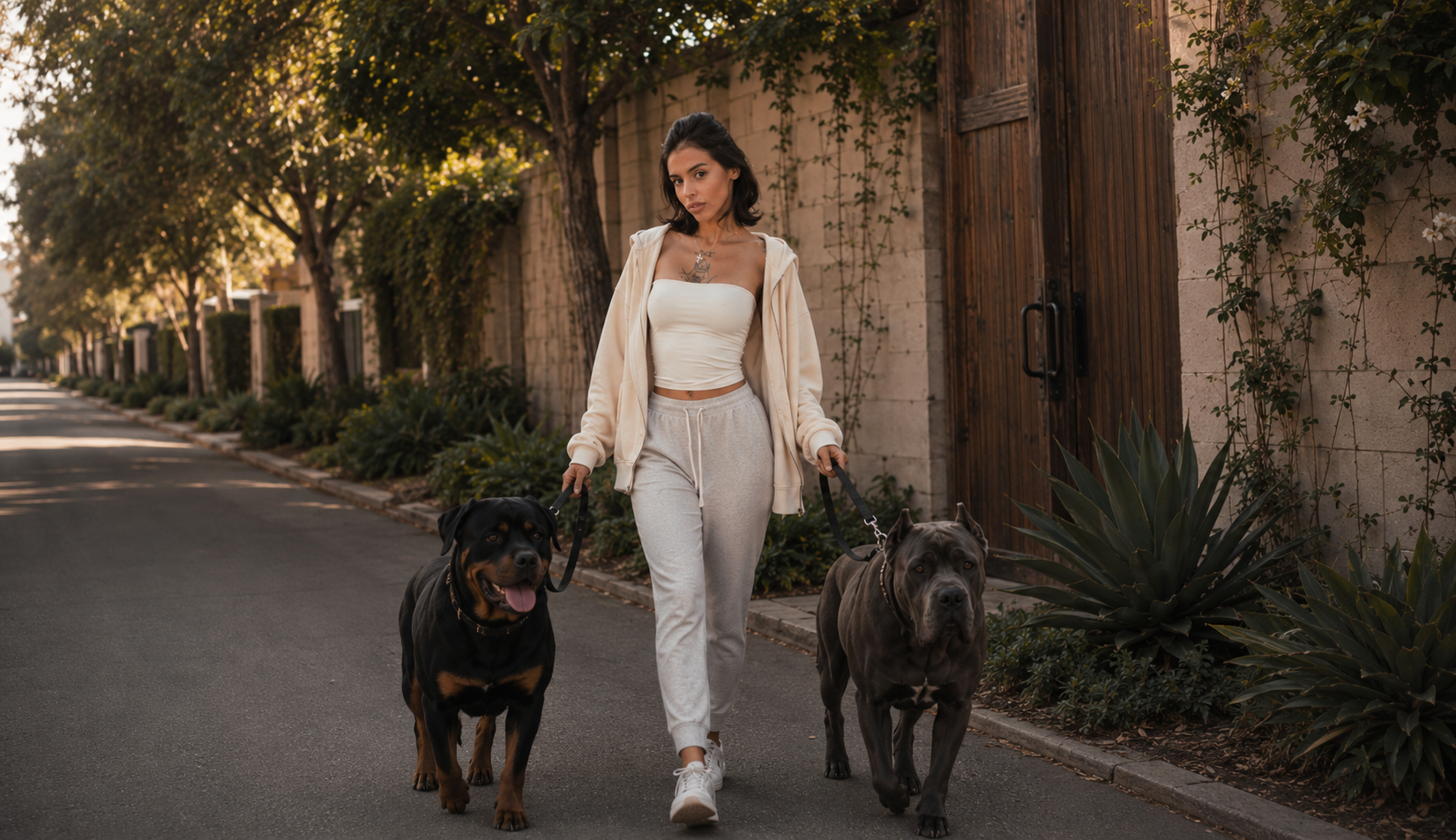 A young woman walks two large dogs on a sidewalk in a residential neighborhood during daytime, with trees and bushes lining the street.