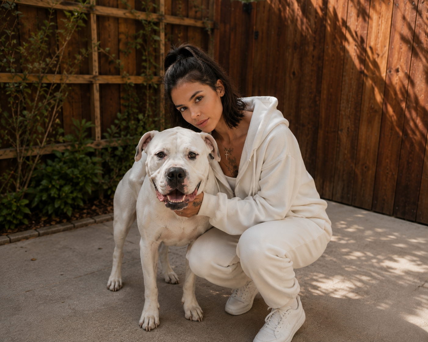 A woman in a white hoodie and matching pants crouches next to a large white dog with black spots, holding its chin with her hand. They are outdoors in a backyard with a wooden fence and some greenery.