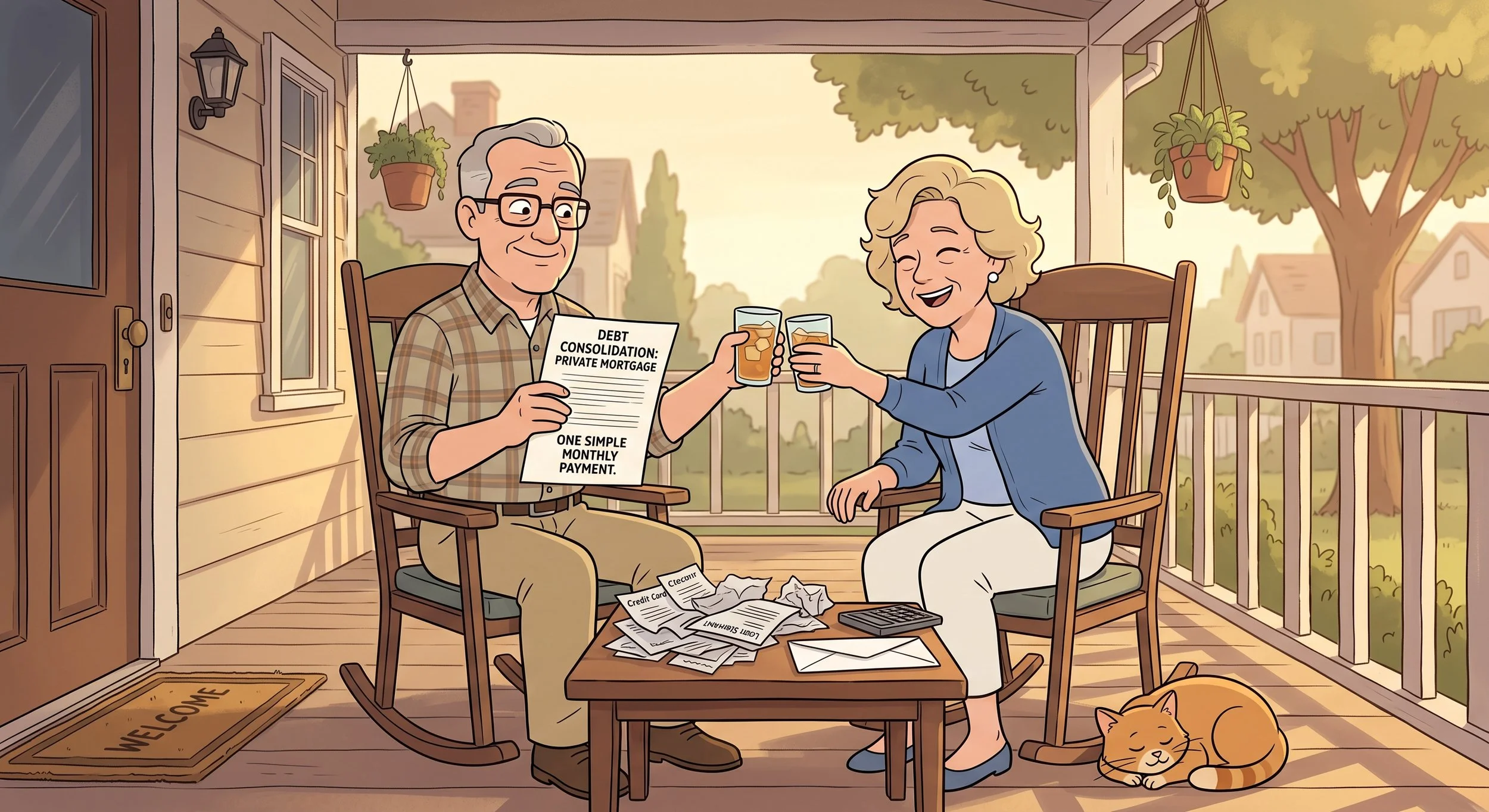An older man with glasses and gray hair sitting on a porch, holding a paper labeled 'Debt Consolidation: Private Mortgage, One Simple Monthly Payment,' while a woman with blonde hair smiling and holding a glass of drink. The porch has hanging plants, a doormat that says 'Welcome,' scattered papers, a calculator, a mail-in ballot, and a sleeping orange and white cat.