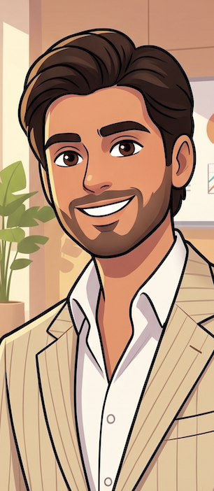 A digital illustration of a smiling man with dark brown hair and a beard, wearing a beige pinstripe suit jacket and a white shirt, in an indoor setting with plants and abstract wall art.