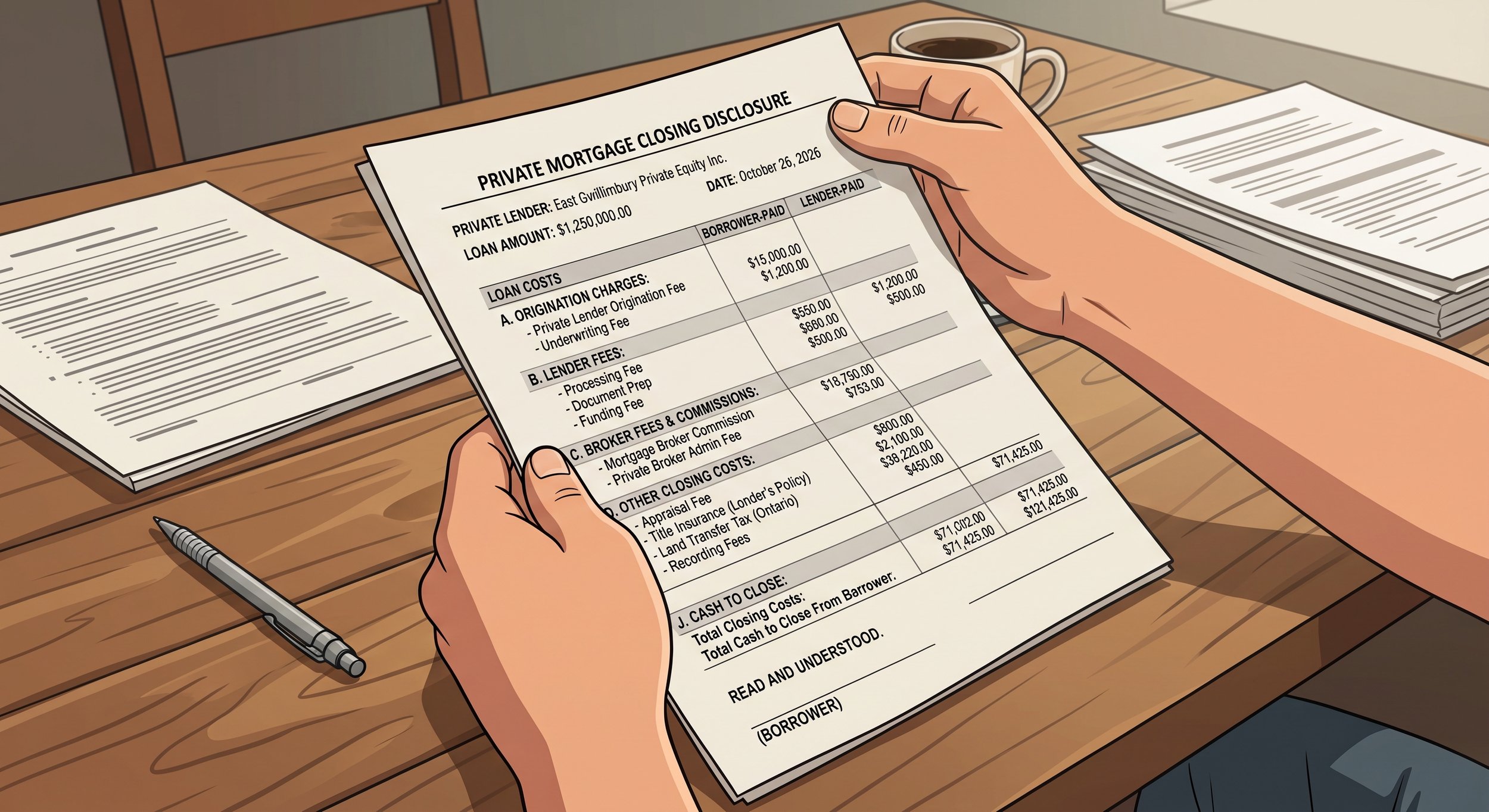 A person holding a mortgage closing disclosure form at a wooden table, with a pen and a cup of coffee nearby.