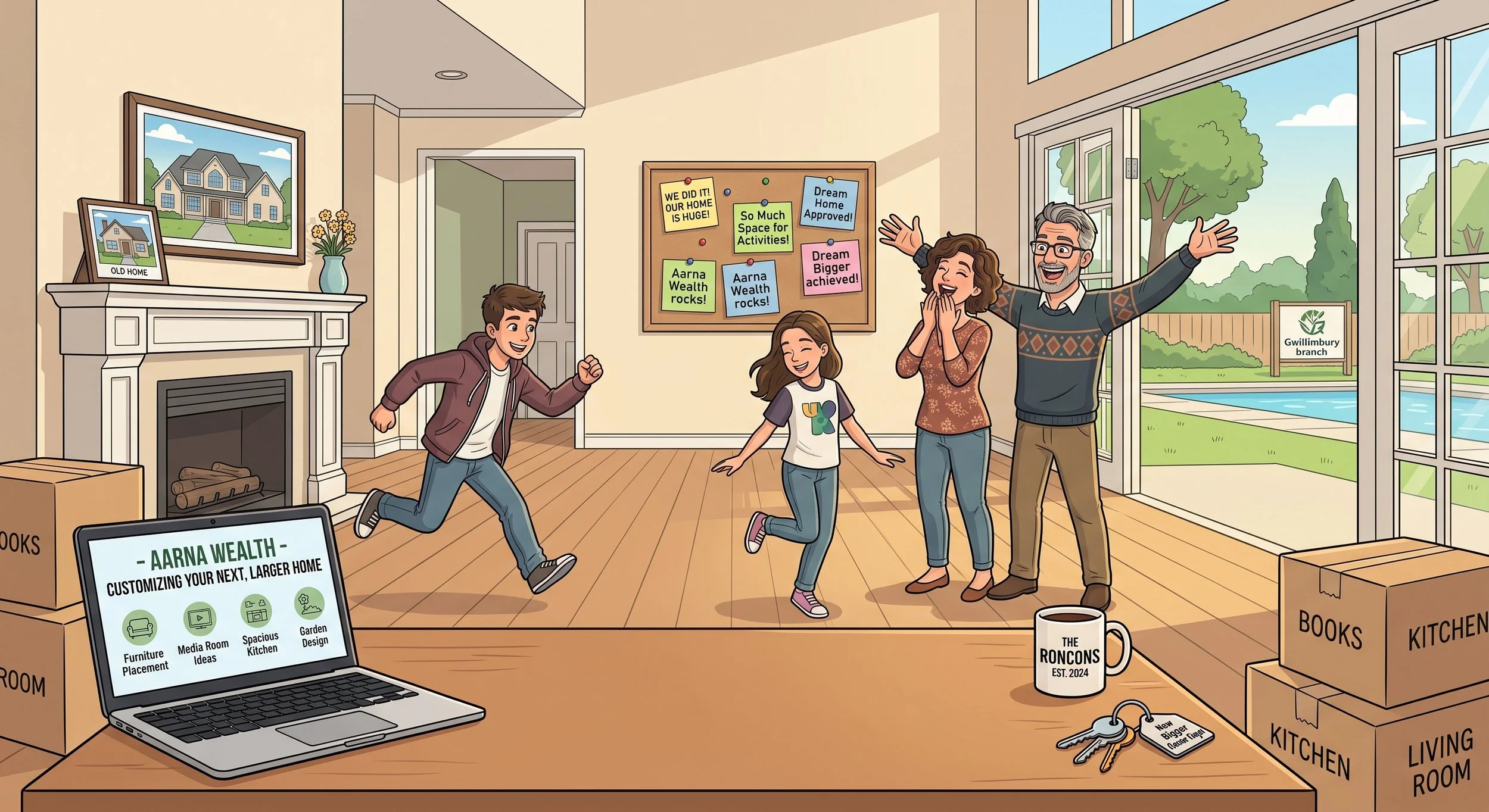 Happy family celebrating in a new home interior with boxes and a festive atmosphere, near an open door showing a backyard with a swimming pool.