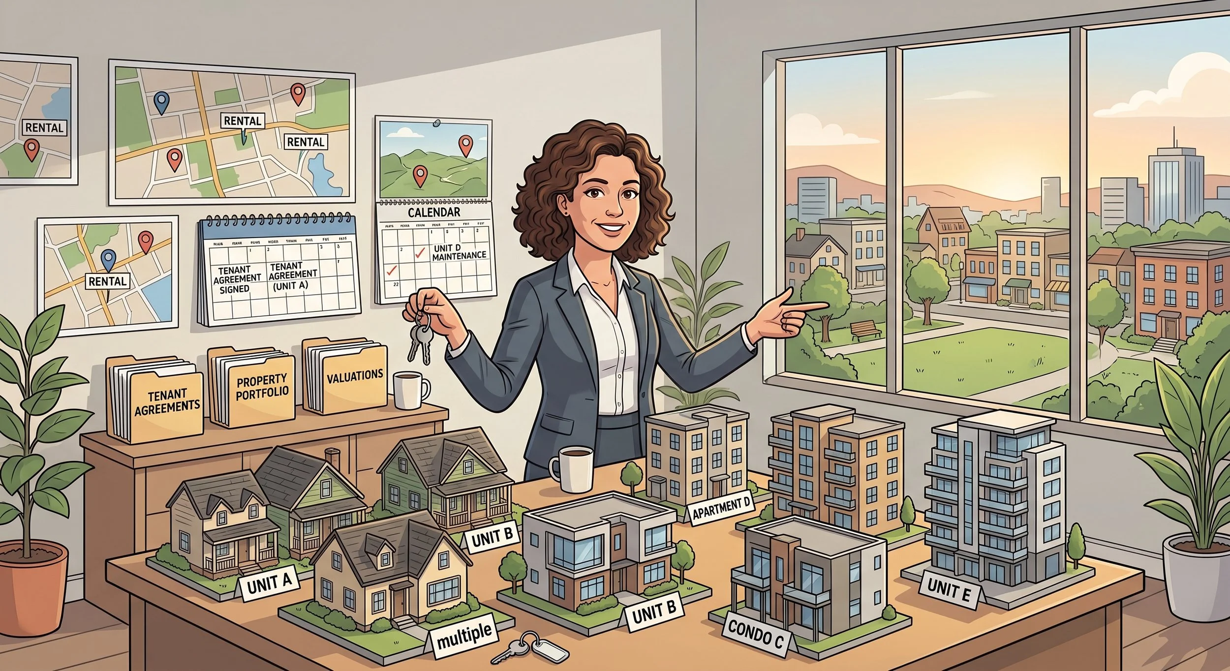 An animated woman with curly hair in business attire standing in an office, holding keys and pointing to a window with a city view. The office has maps, a calendar, and property folders labeled 'Tenant Agreements', 'Property Portfolio', and 'Valuations'. There are models of various residential buildings labeled as different units and apartments, and a table with more models of houses.