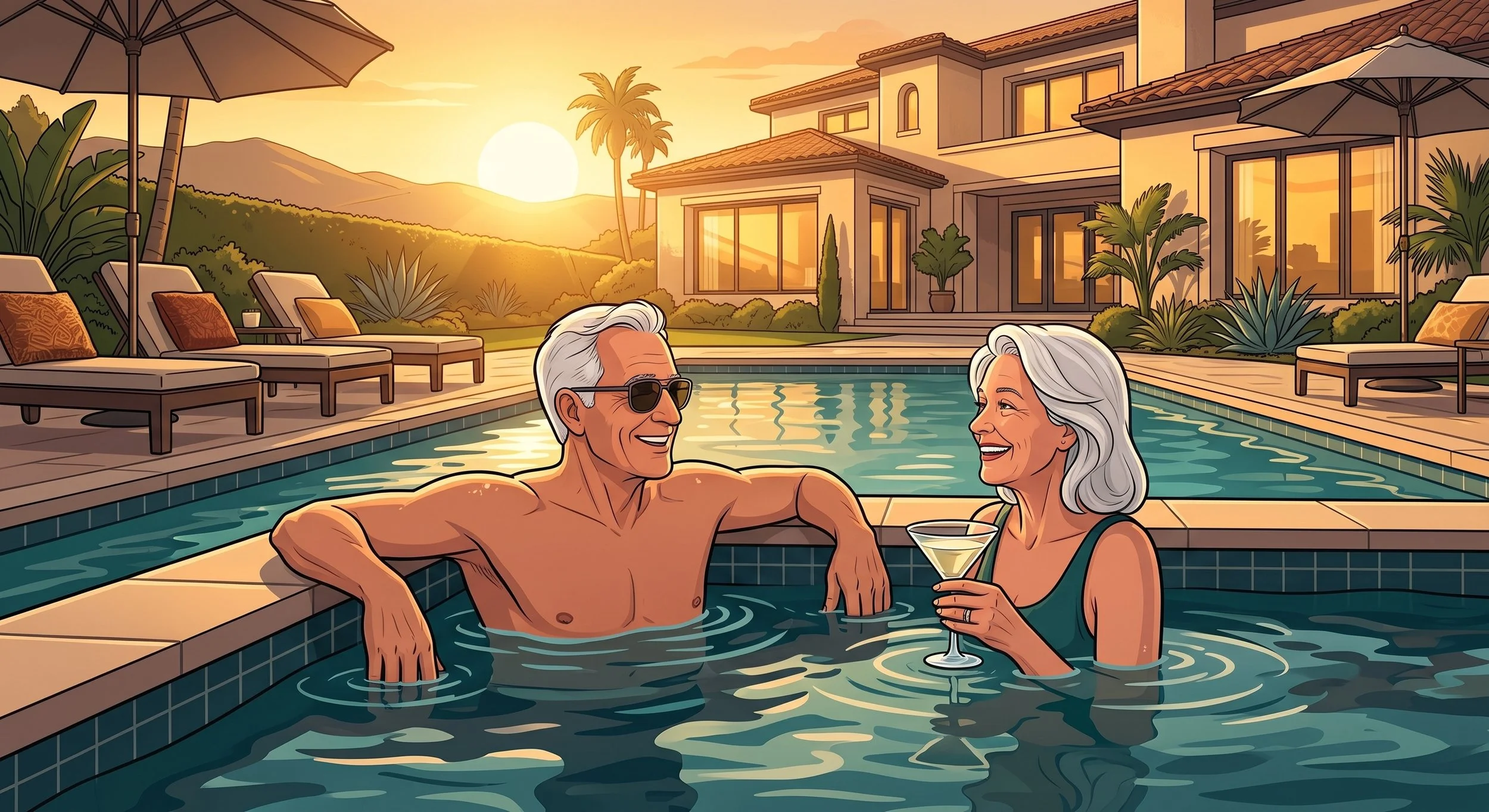 An elderly couple enjoying a relaxing evening together in a swimming pool at sunset. The man is wearing sunglasses and smiling, while the woman is holding a martini glass, both sharing a joyful moment. The background shows a luxurious house with large windows, lush greenery, lounge chairs with cushions, and umbrellas, with mountains and a setting sun in the distance.