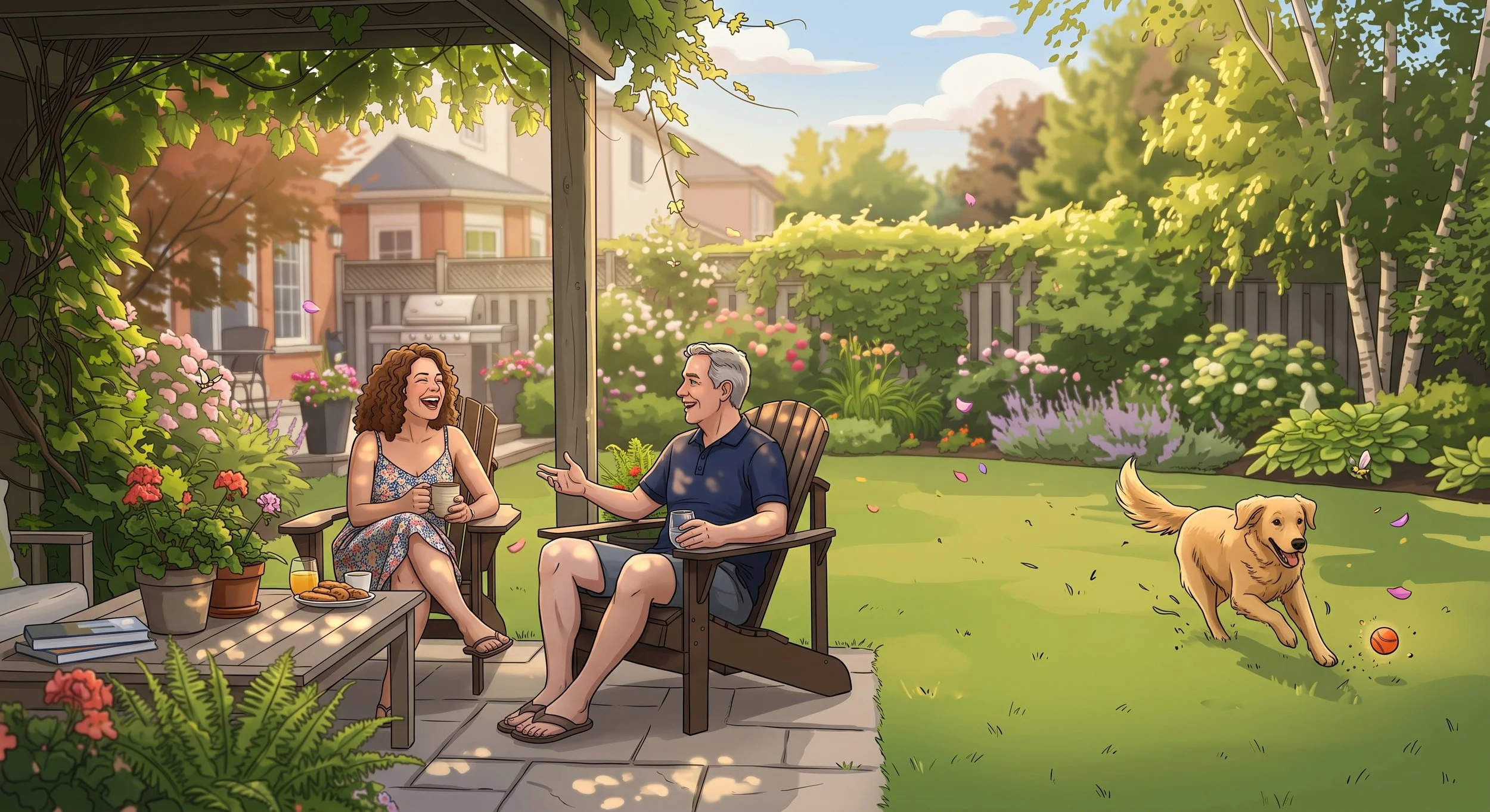 A man and woman are sitting outdoors on a patio under a pergola, laughing and talking while holding drinks. A golden retriever is playing fetch with a ball in the lawn nearby. The yard is lush with flowers and trees, with a house visible in the background on a sunny day.