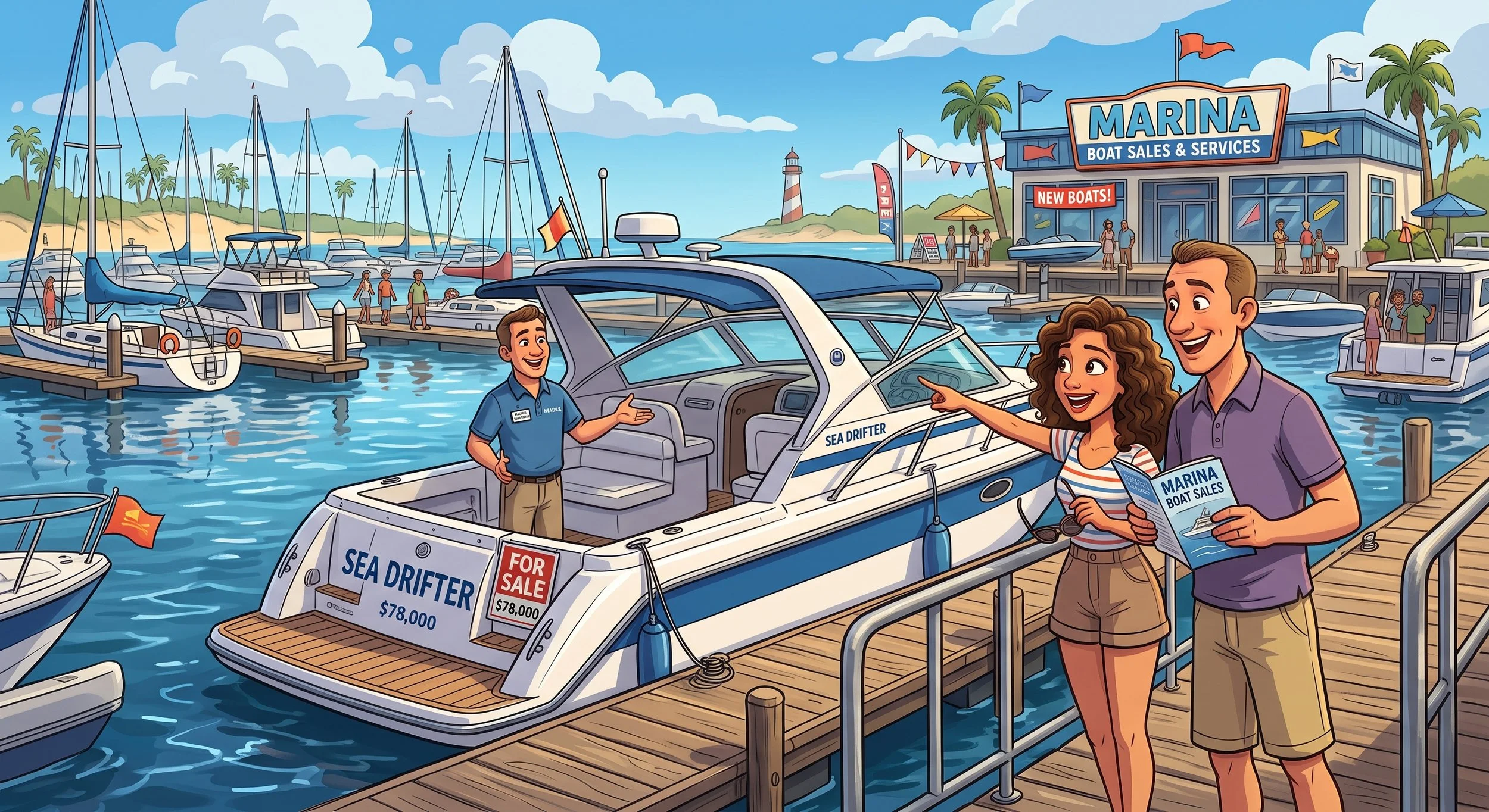 A couple at a marina looking at a boat for sale. The boat, named Sea Drifter, has a price of $78,000, displayed with a 'For Sale' sign. The marina is busy with several boats docked and people walking around, with a large sign that reads 'Marina Boat Sales & Services' in the background.