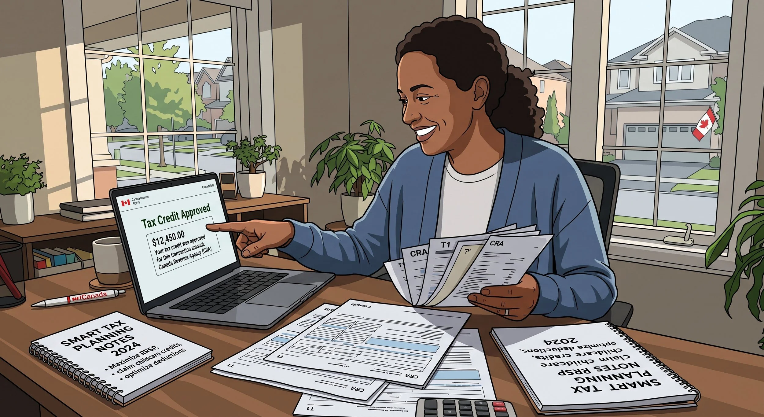 A woman sitting at a cluttered desk with papers, a laptop displaying a tax credit approval for $12,450, and a Canadian flag sticker in the background. She is smiling and pointing at the laptop screen.