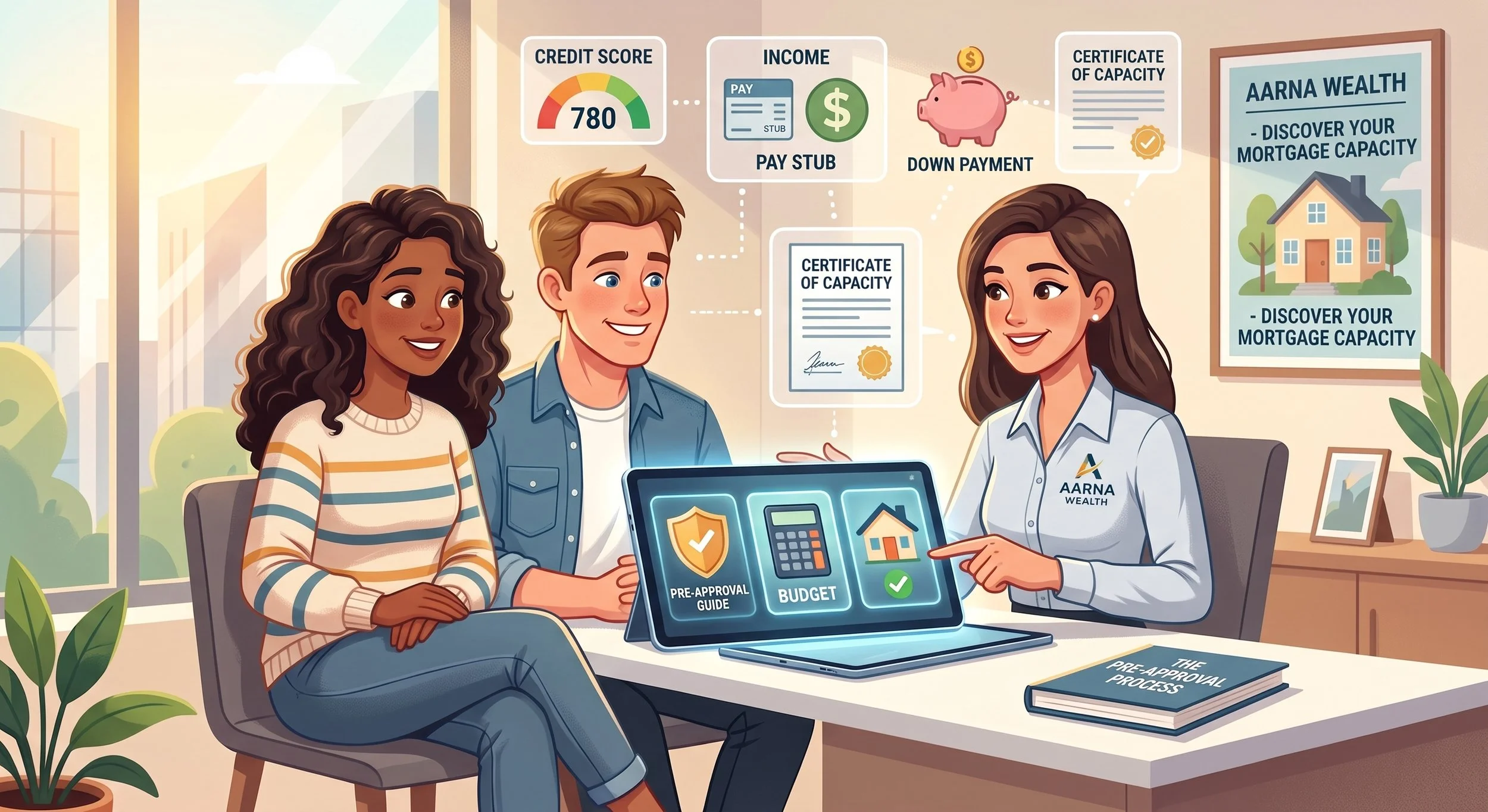 A woman from ARNA Wealth and a young couple discussing mortgage options in an office. The woman points at a tablet showing a home illustration and financial management icons. In the background, there are mortgage related posters with credit score, income, down payment, certificate of capacity, and mortgage capacity information.
