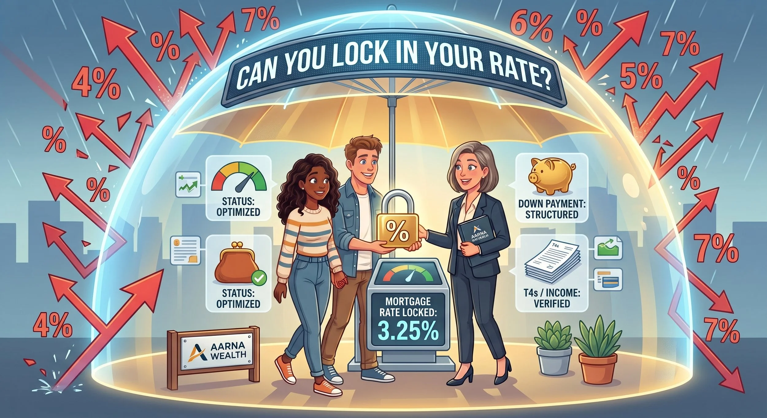 Illustration of three people under an umbrella with text asking about locking in interest rates. Various icons and percentages related to mortgage rates, income verification, and financial status are displayed, including arrows pointing upward indicating rising rates.