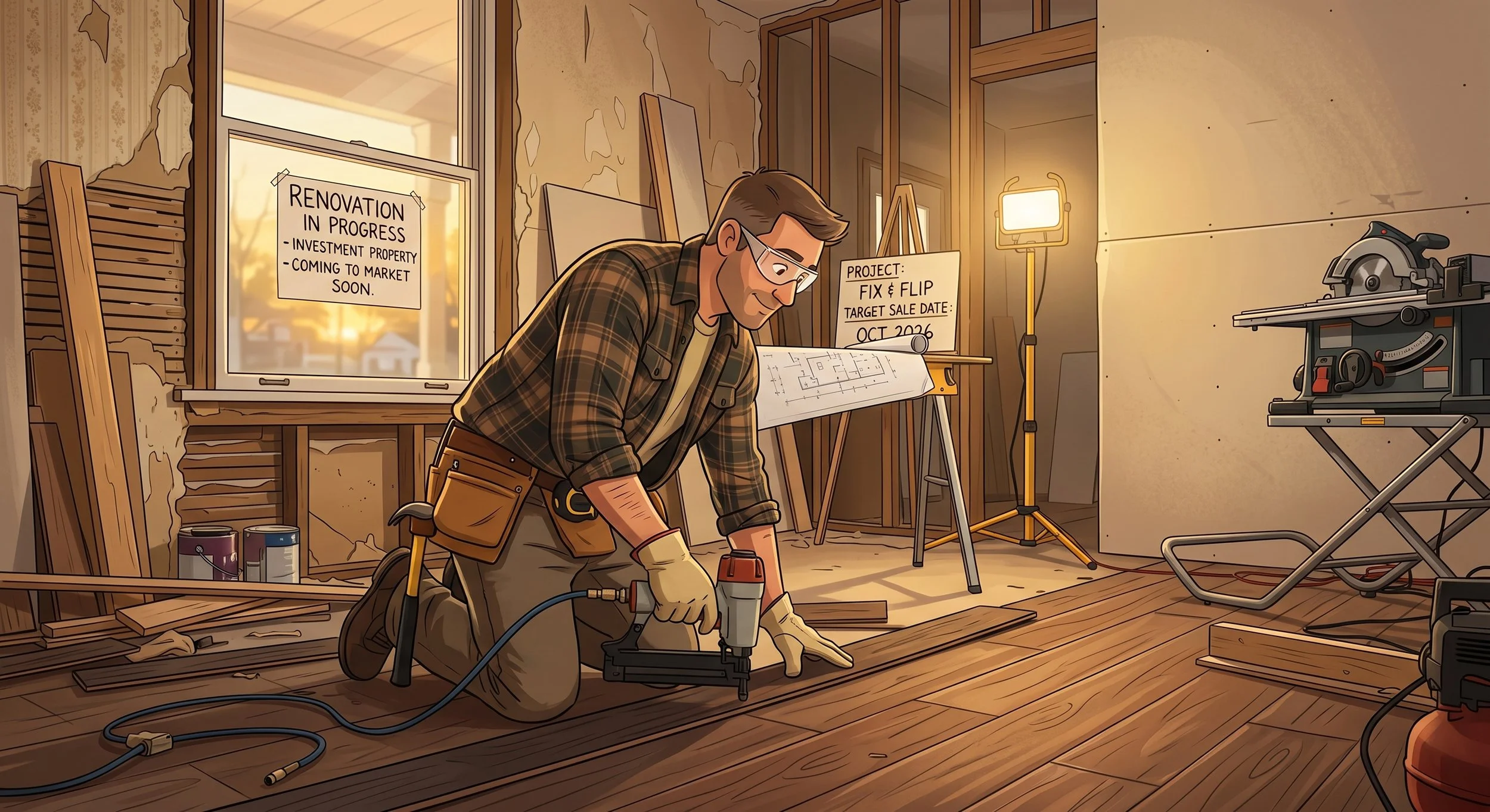 A man in work clothes and safety glasses is kneeling on the floor, using a power drill to work on a piece of wood. The room is under renovation with exposed wall studs, peeling wallpaper, and construction signs indicating ongoing renovation and a project scheduled for October 2026. There are construction tools, cans of paint, and a saw in the background.