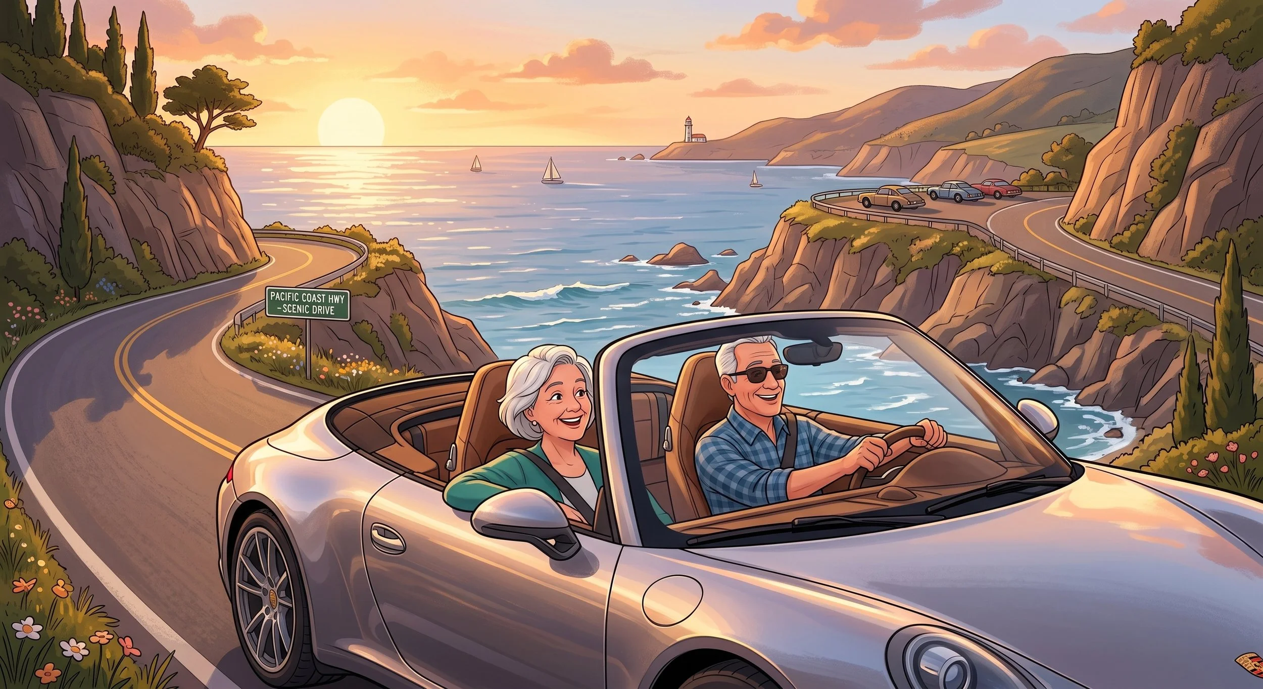 A cheerful elderly couple driving a convertible along the scenic Pacific Coast Highway during sunset, with lighthouse, sailboats on the ocean, rocky cliffs, and hillside greenery in the background.