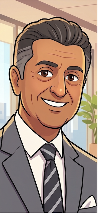 A cartoon illustration of a middle-aged man in a business suit, smiling, with dark hair, set in an office environment with large windows and a plant.