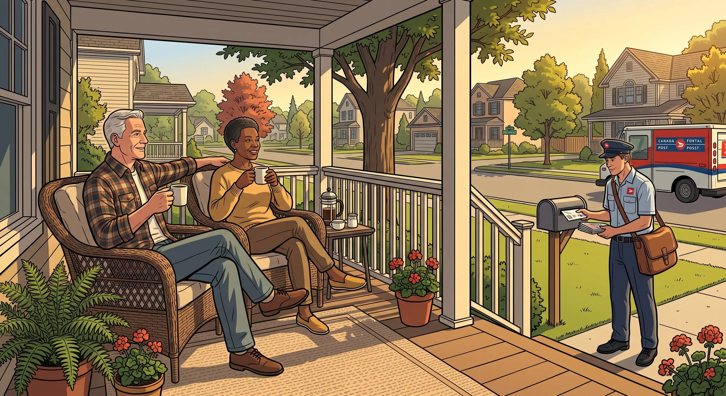 An illustration of a porch scene with an elderly man and woman sitting on a porch, each holding a mug. A postal worker in uniform is outside, using a mailbox while holding a package. The background shows trees with autumn foliage and houses in a neighborhood.