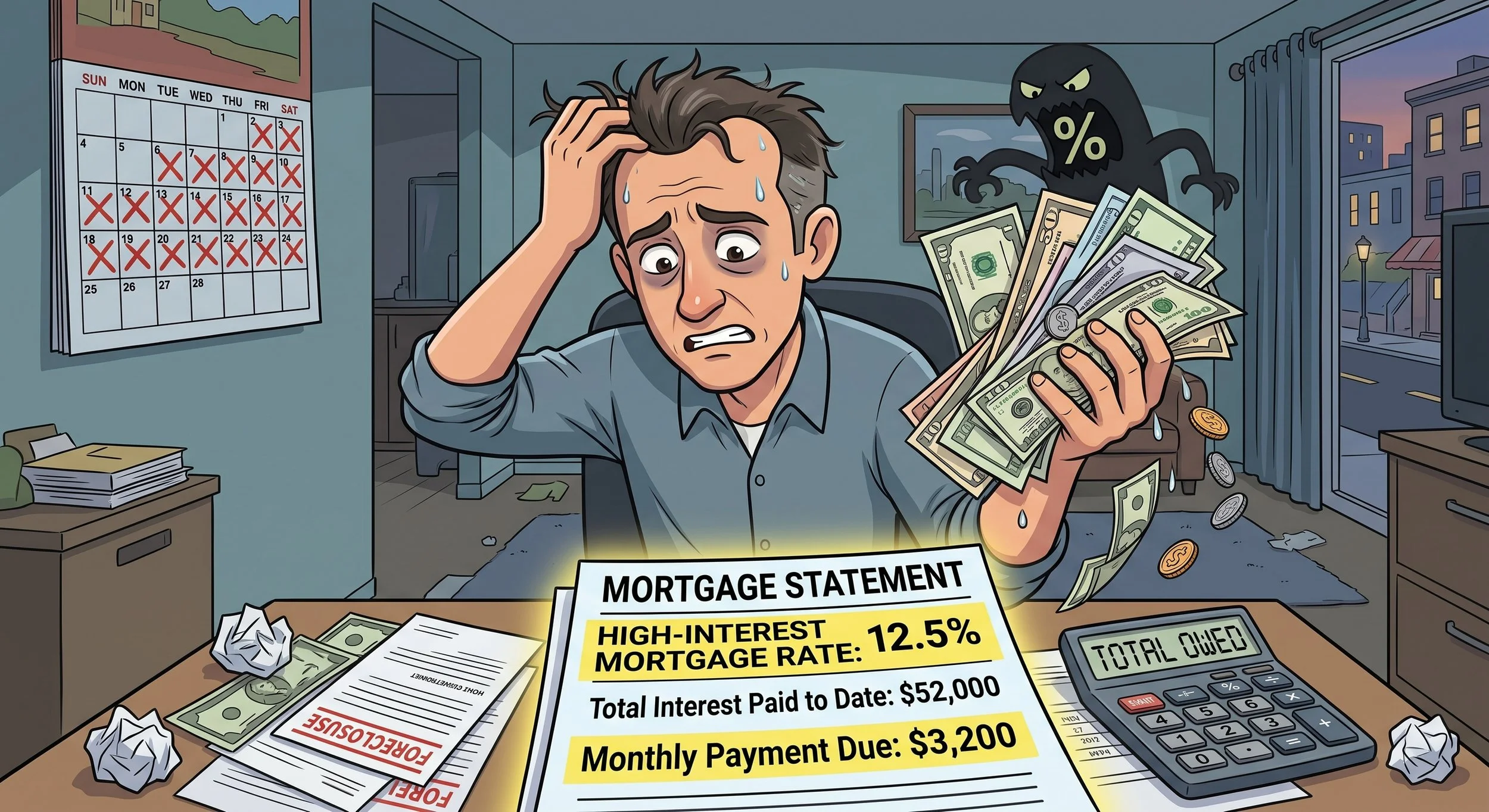 An overwhelmed man sitting at a cluttered desk with crumpled paper, cash, and financial documents, including a mortgage statement showing high interest rates and a large total owed, with an angry black monster with an '%' on its body looming behind him.