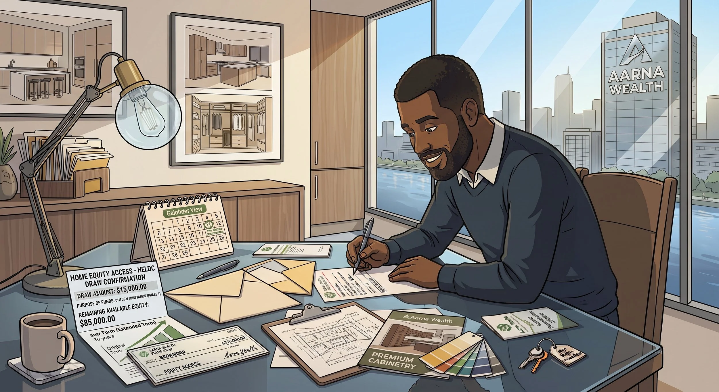 Man sitting at a desk signing documents related to home equity access, with various papers, a calendar, and a mug on the desk. Large city buildings visible through the window include a sign for Aarna Wealth.
