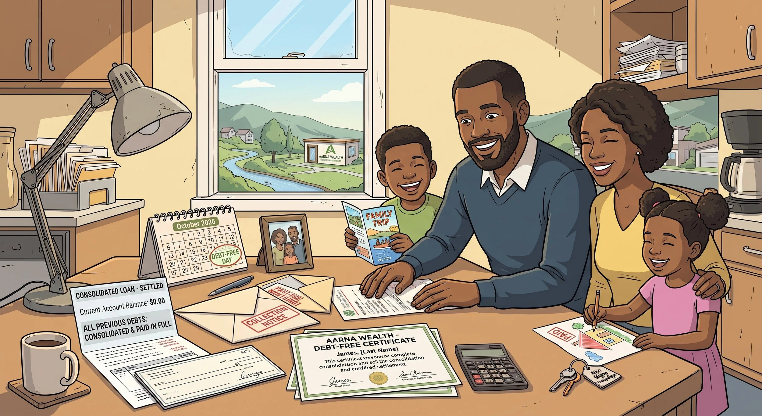 A family of four sitting at a cluttered desk inside a home office, filling out financial paperwork. The background shows a window with a view of rolling hills and a sign that reads 'AARNA WEALTH'. The desk has a calendar marked 'Debt-Free Day', a framed family photo, and various documents related to debt settlement. The family appears happy and engaged.