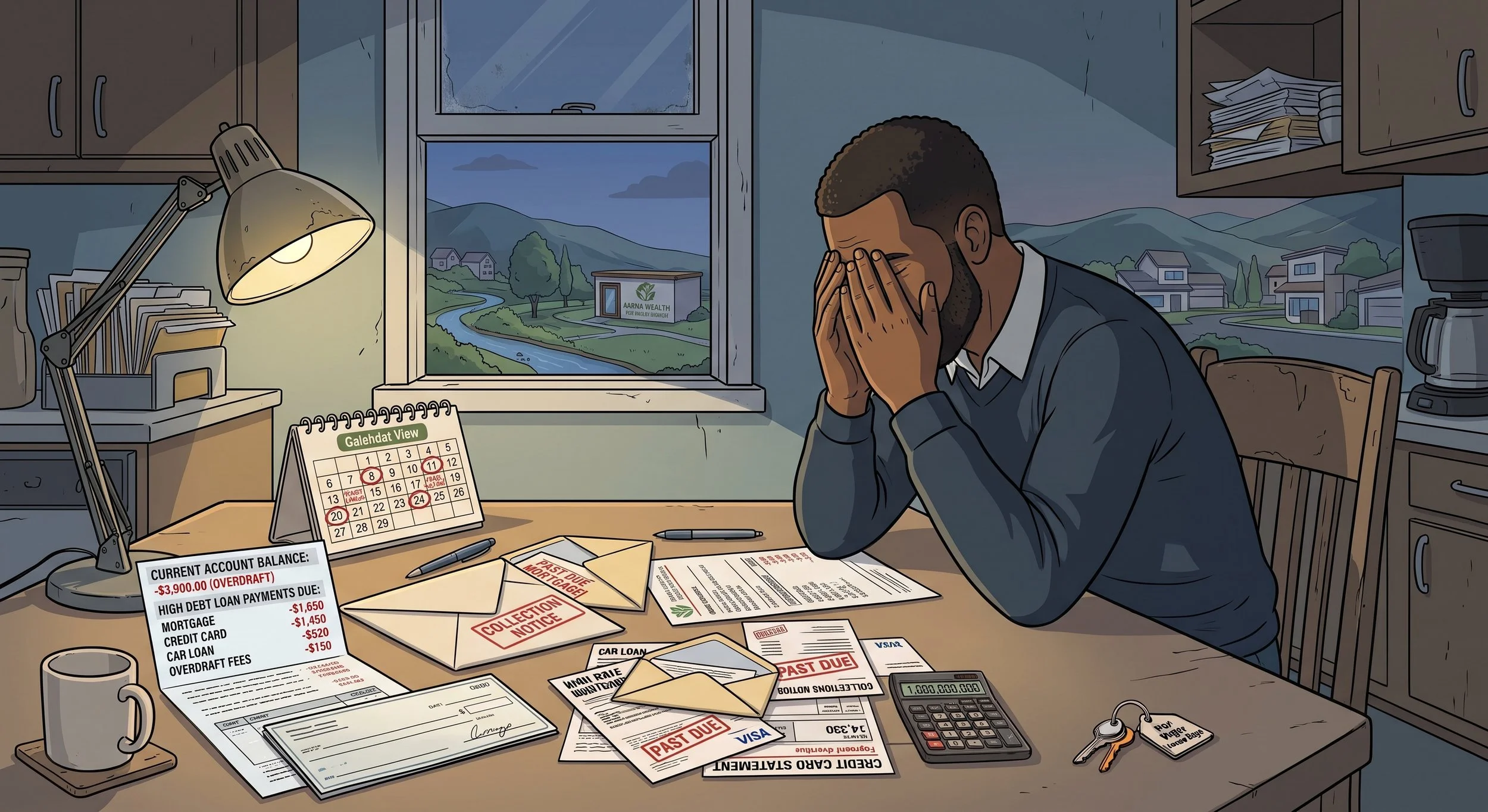 A man sitting at a cluttered desk with bills, a calendar, and a calculator, holding his head in distress, with a window showing a rural landscape in the background.