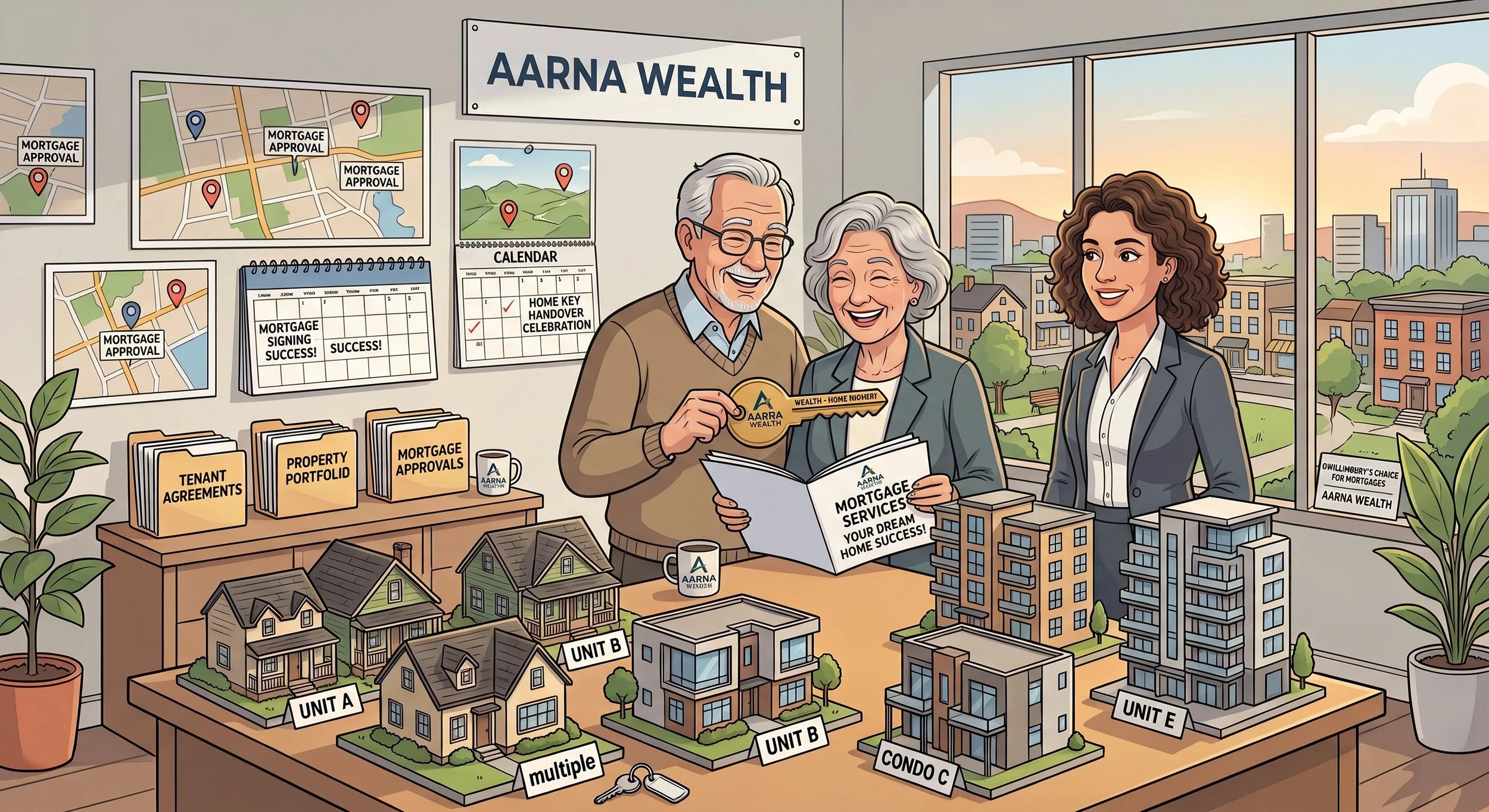 An animated illustration of a real estate office with a view of a cityscape outside the window. Three smiling professionals stand around a table with house models and labeled property units. Behind them, there are maps, a calendar, and folders labeled 'Tenant Agreements,' 'Property Portfolio,' and 'Mortgage Approvals.' The scene highlights home buying and mortgage services.