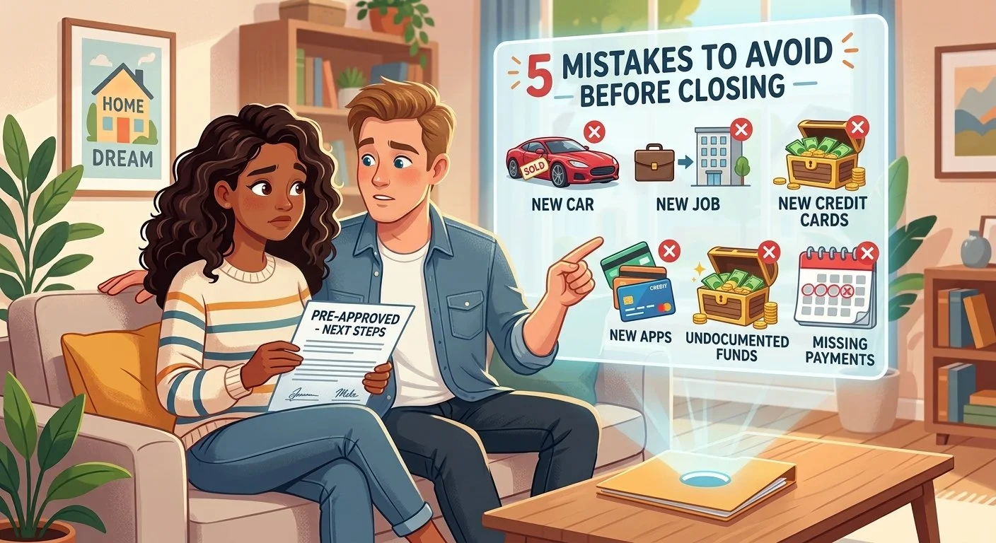 Illustration of a young couple sitting on a couch, discussing pre-approval steps for a mortgage. A floating infographic shows five mistakes to avoid before closing on a home: buying a new car, changing jobs, getting new credit cards, using new apps, having undocumented funds, and missing payments.