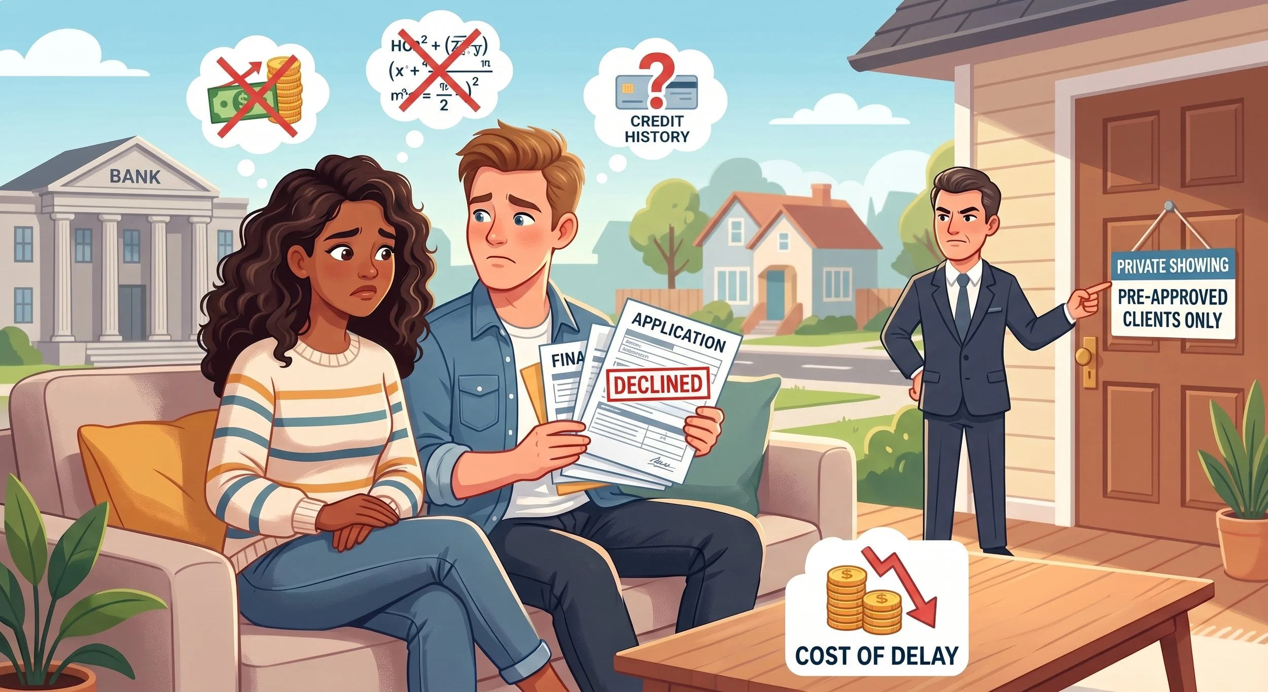 A couple sitting on a couch looking worried, holding a declined mortgage application, while a banker stands outside a house pointing to a sign that reads 'Private Showing, Pre-Approved Clients Only.' Thought bubbles show money, math problems, and credit history.