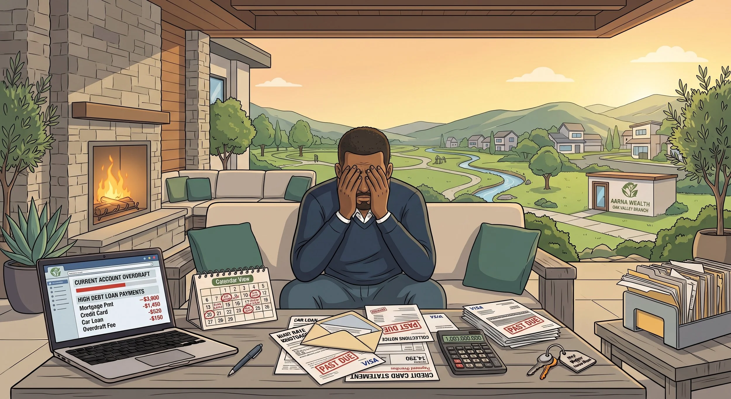Illustration of a man sitting at a cluttered desk with financial documents, a calendar showing overdue bills, and a laptop displaying high debt loan payments. The man appears stressed, covering his face with his hands. The background shows a window overlooking a peaceful landscape with mountains, trees, and a small town. There are plants and a fireplace inside the room.