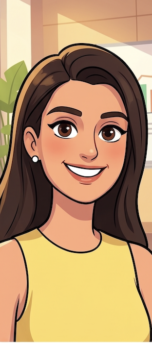 Cartoon woman with long dark hair smiling, wearing a yellow sleeveless top and pearl earrings, standing in front of an indoor background with a plant and a whiteboard.