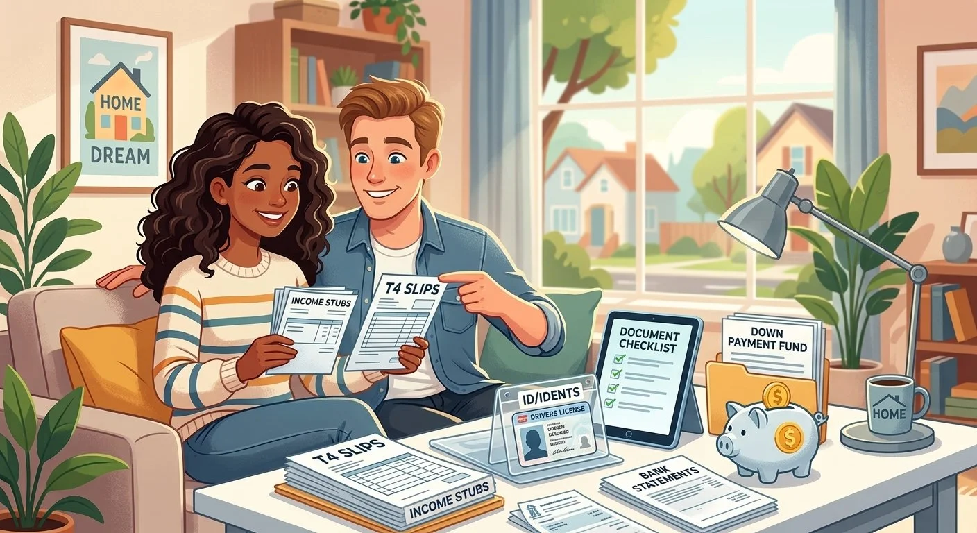 A couple sitting on a couch at home, reviewing financial documents including income stubs, T4 slips, ID, bank statements, and a document checklist, with a folder labeled Down Payment Fund, a piggy bank, and a mug that says 'Home' on a desk nearby.