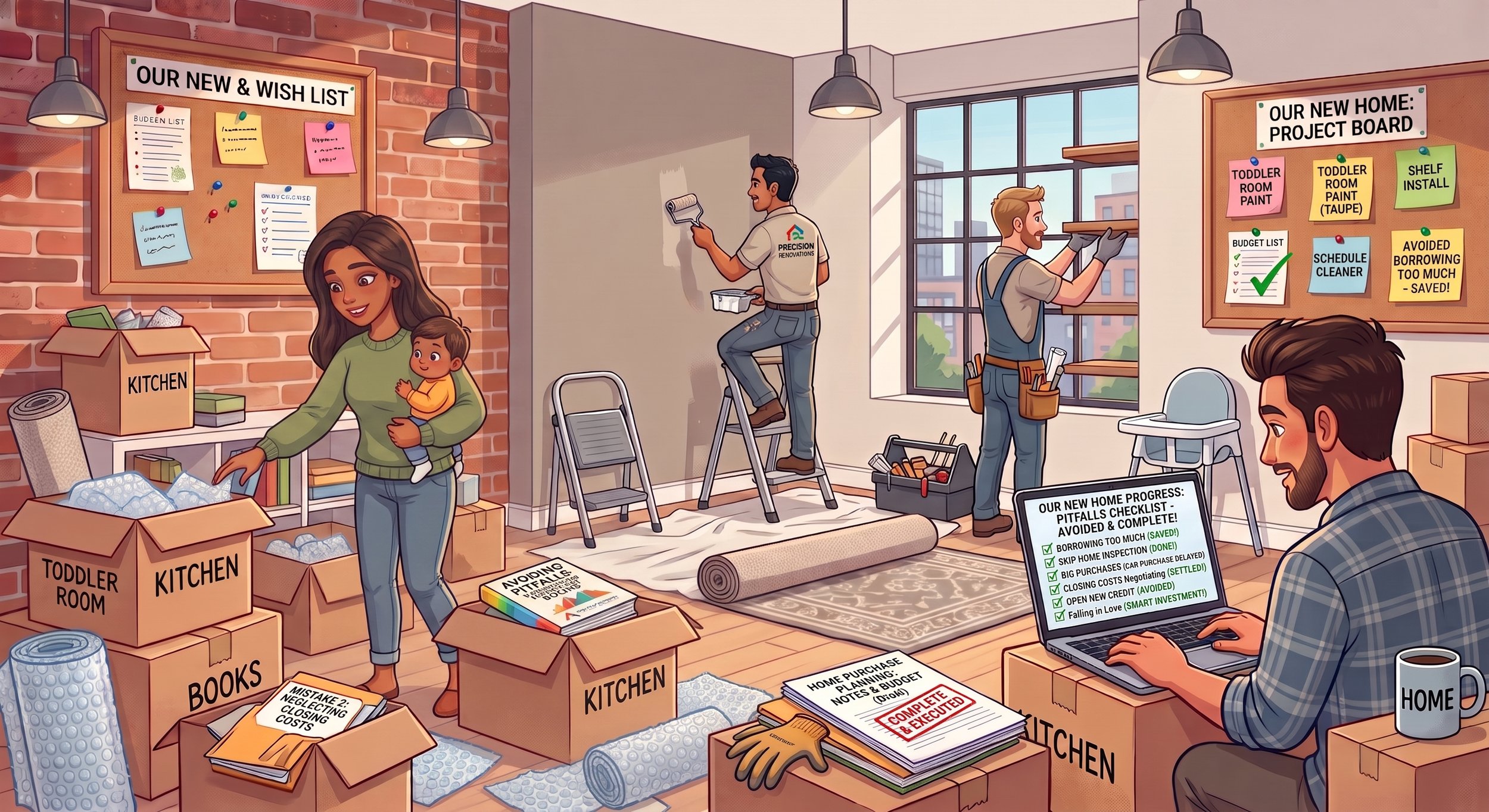 Illustration of a busy home renovation setup with workers painting walls, organizing boxes, and planning. There are moving boxes labeled 'Kitchen,' 'Books,' and 'Toddler Room,' and several planning charts for the new home project on bulletin boards. A woman holds a child, and a man works on a ladder painting the wall. Another man is at a desk with a laptop, reviewing a checklist titled 'Home Purchase Planning.' The room is bright with large windows and industrial ceiling lights.