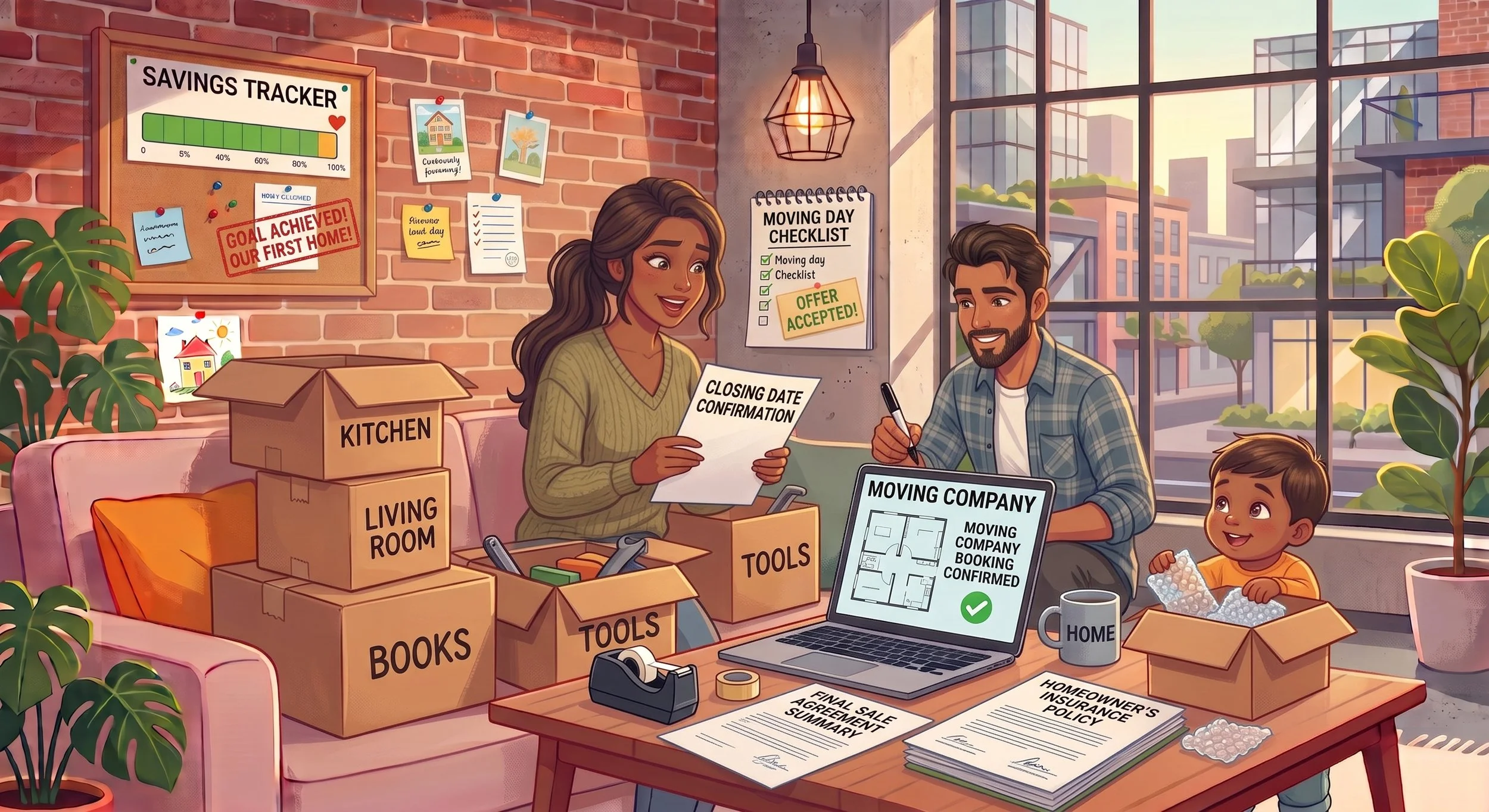 A family planning to move, sitting at a cluttered table with moving boxes labeled 'Kitchen,' 'Living Room,' 'Books,' and 'Tools.' The woman is discussing with a man about a contract, with a lower third showing a moving company's moving, booking, and confirmation documents. The background features a brick wall with a 'Savings Tracker' board marked 'Goal Achieved! Our First Home!' and a window showing a cityscape. A young boy is sitting with packing bubbles in his hands, a laptop shows a floor plan with a green checkmark, and there are plants and various office supplies around.