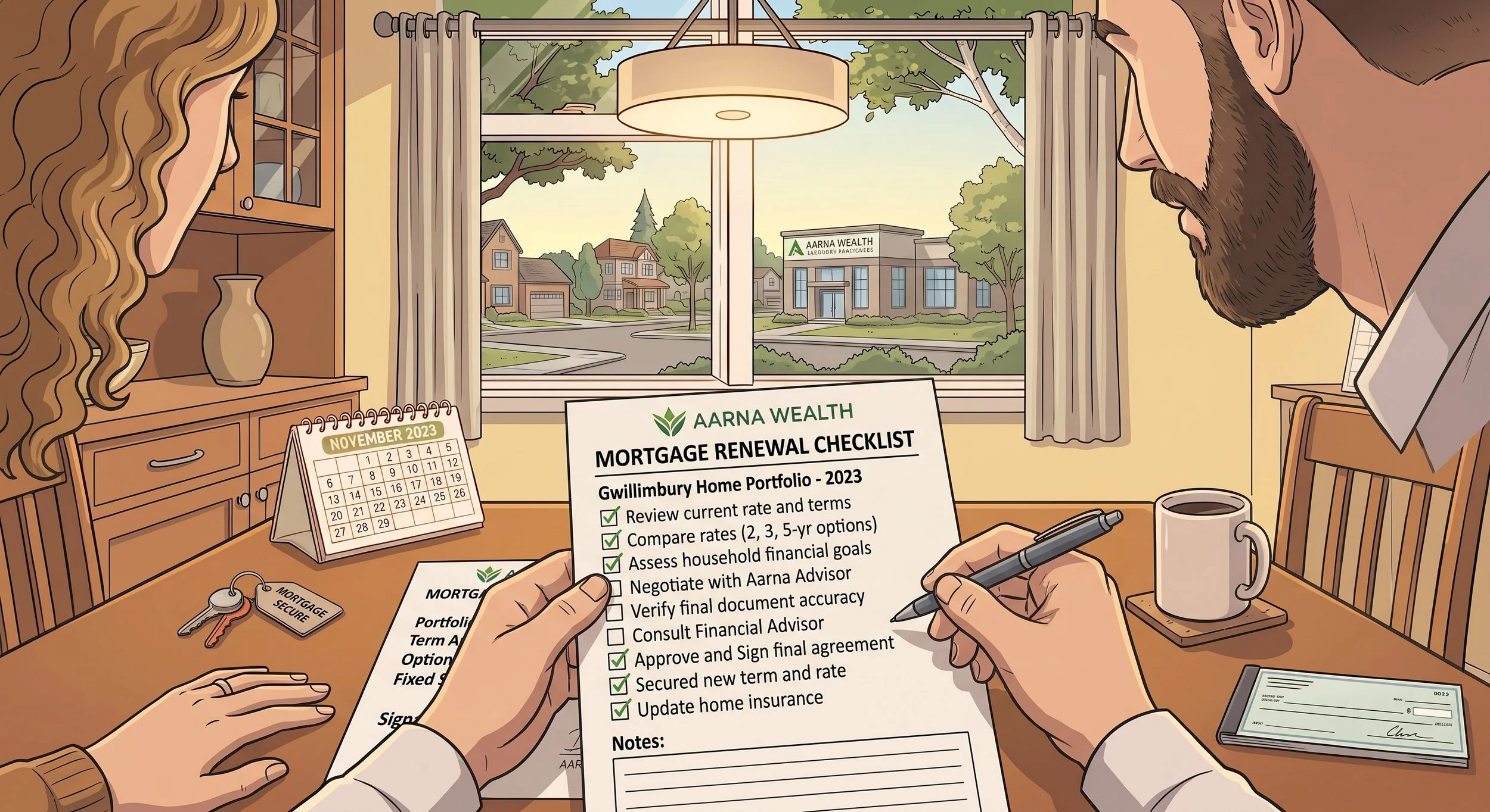 A person holding a mortgage renewal checklist at a wooden table, with a calendar, keys, and a coffee mug nearby. Two other people are seated at the table, reviewing documents, with a window showing houses and a building labeled 'Aarna Wealth' outside.