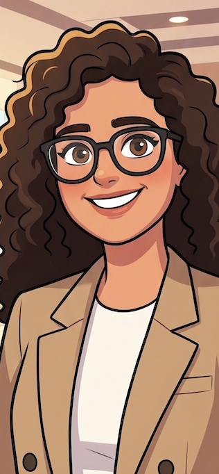 Cartoon of a woman with curly brown hair, glasses, and a beige blazer, smiling.