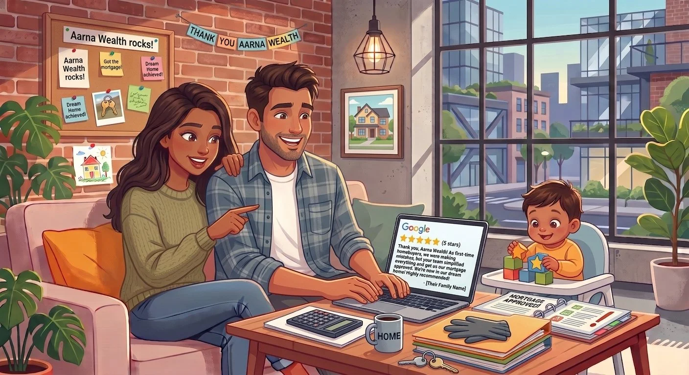 A family of three, a man, a woman, and a young boy, sitting in a modern living room with large windows showing a cityscape outside. The woman and man are smiling at a laptop that displays a Google review about getting a mortgage approved. The boy, sitting in a high chair, is playing with colorful building blocks. The room is decorated with framed pictures, plants, and a bulletin board with notes and decorations. There are papers, a calculator, and a coffee mug on the table.