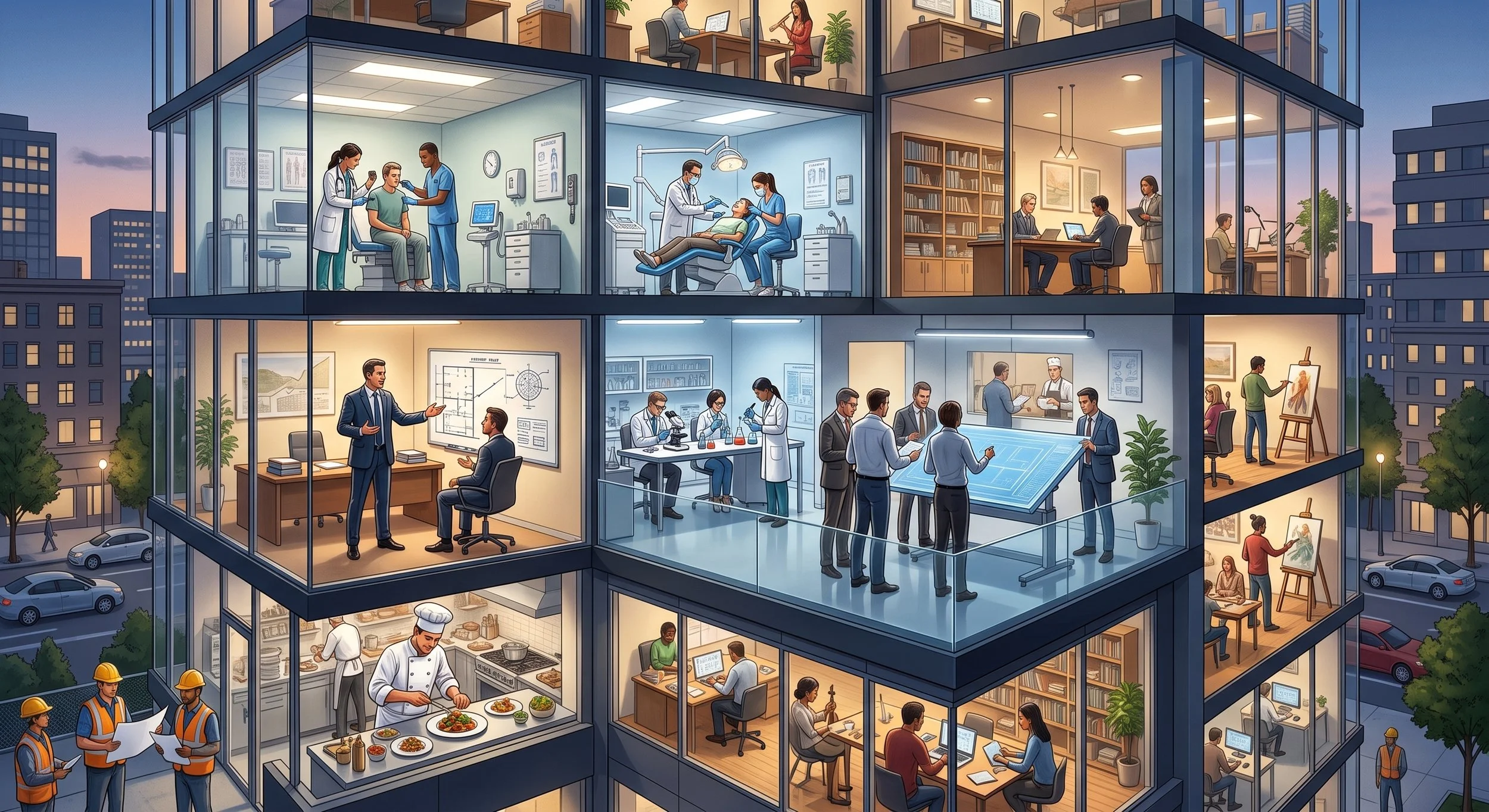 Cross-section of a modern office building at sunset showing various floors with different activities: medical staff attending to a patient in a dental office, scientists working in a laboratory, business professionals in meetings and working on computers, artists painting, chefs preparing food, construction workers outside, and people reviewing architecture plans.