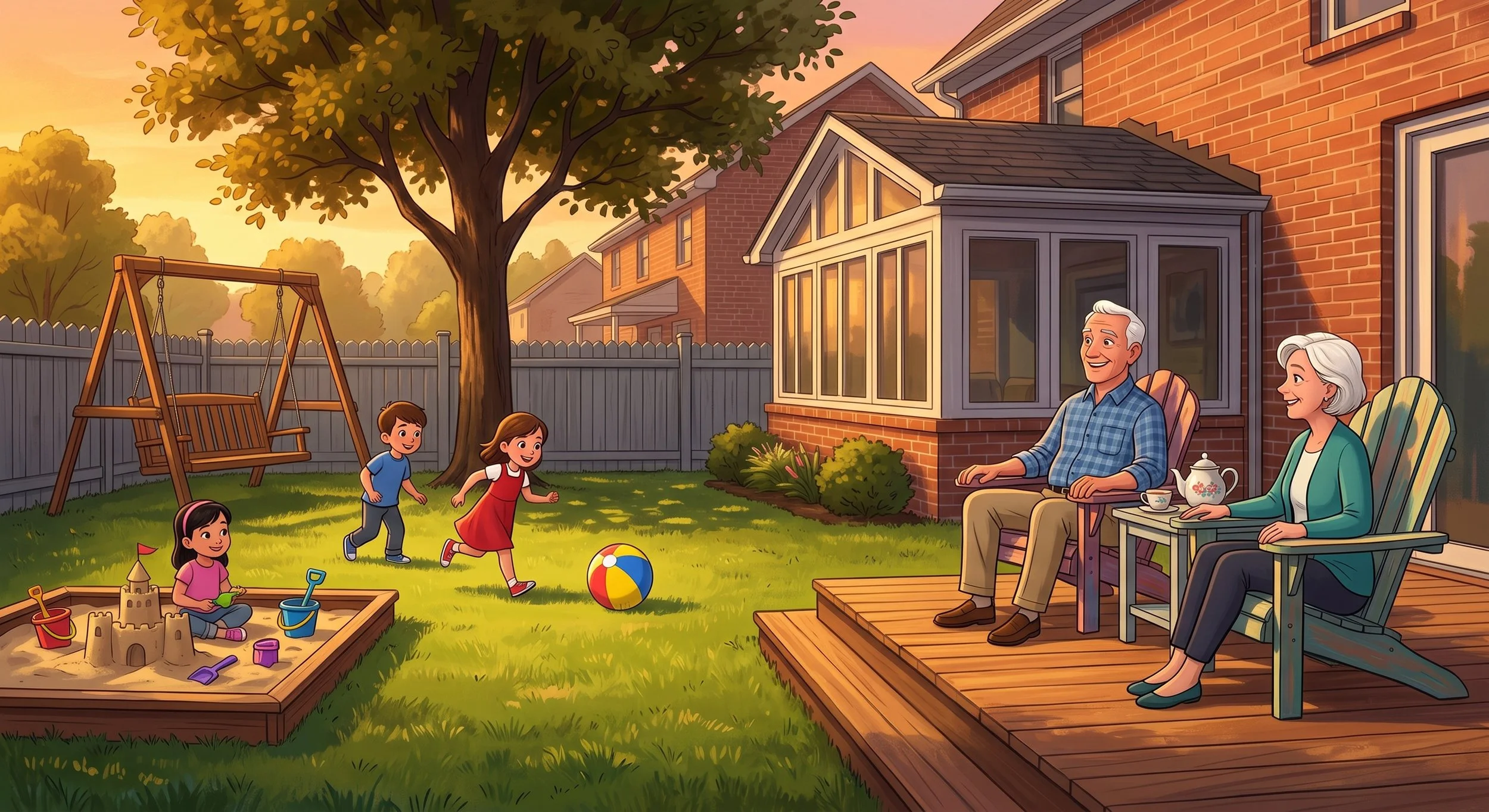 Scene of a backyard during sunset with children playing with a beach ball, a girl sitting in a sandbox, and two adults sitting on chairs on a porch, with a swing set and house in the background.
