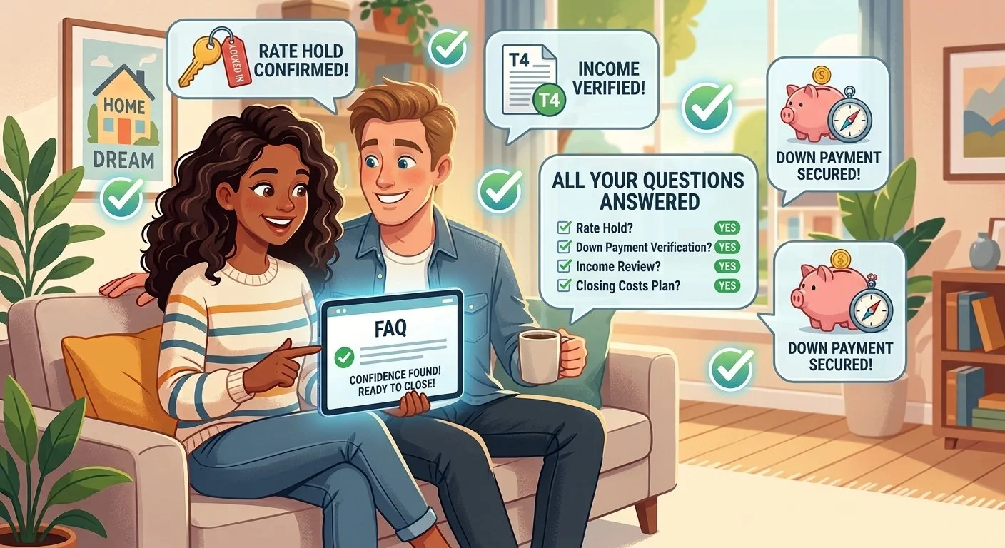 Two smiling people sitting on a couch in a cozy living room, looking at a tablet displaying 'FAQ Confidence Found! Ready to Close!' with checkmarks indicating success on various steps including rate hold, income verification, and down payment secured.