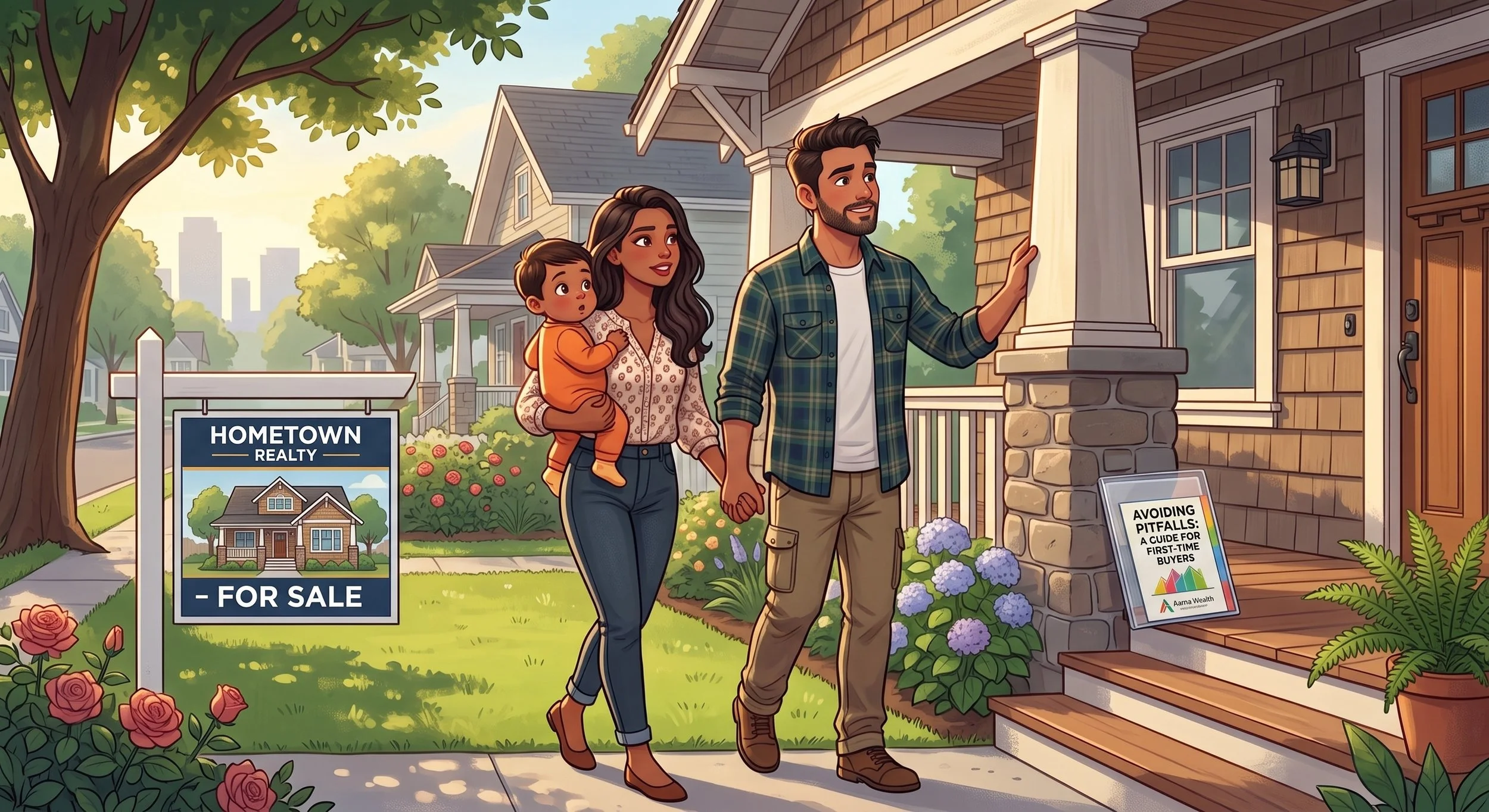 A family of three, a man, woman, and a young child, standing in front of a house with a real estate sign that says 'For Sale.' They are holding hands and appear happy. The woman is holding the child, and they are looking at the house. There is a sign on the house offering a guide for first-time buyers. The scene is sunny with trees and other houses in the background.